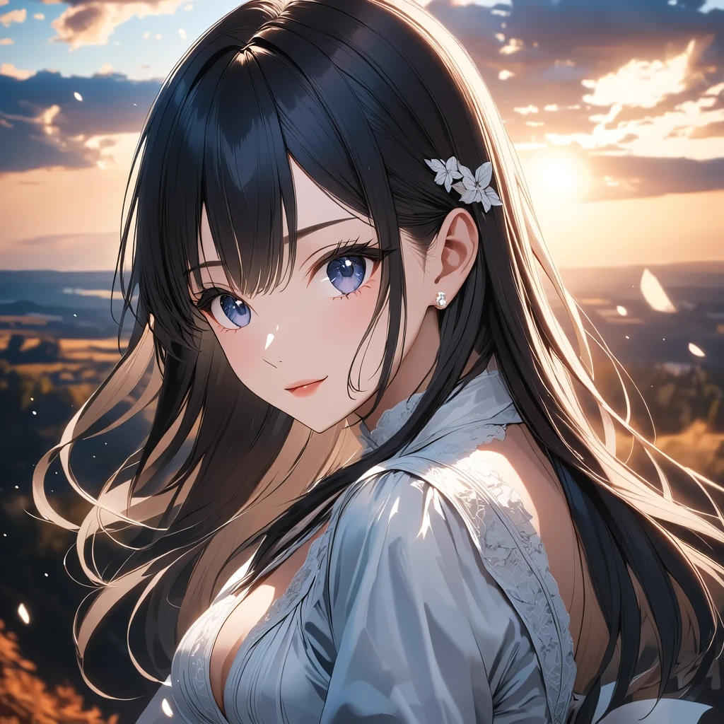 hoang lap, A high resolution, (Official fine art, Beauty Feeling:1.2), Close-up, Brilliant sky, Wide world, Kizi, staredown, Awe-inspiring expression, distant horizon, Clouds, High hills, natural beauty, inspiration, Light effect,long whitr hair,the setting sun,closeup cleavage