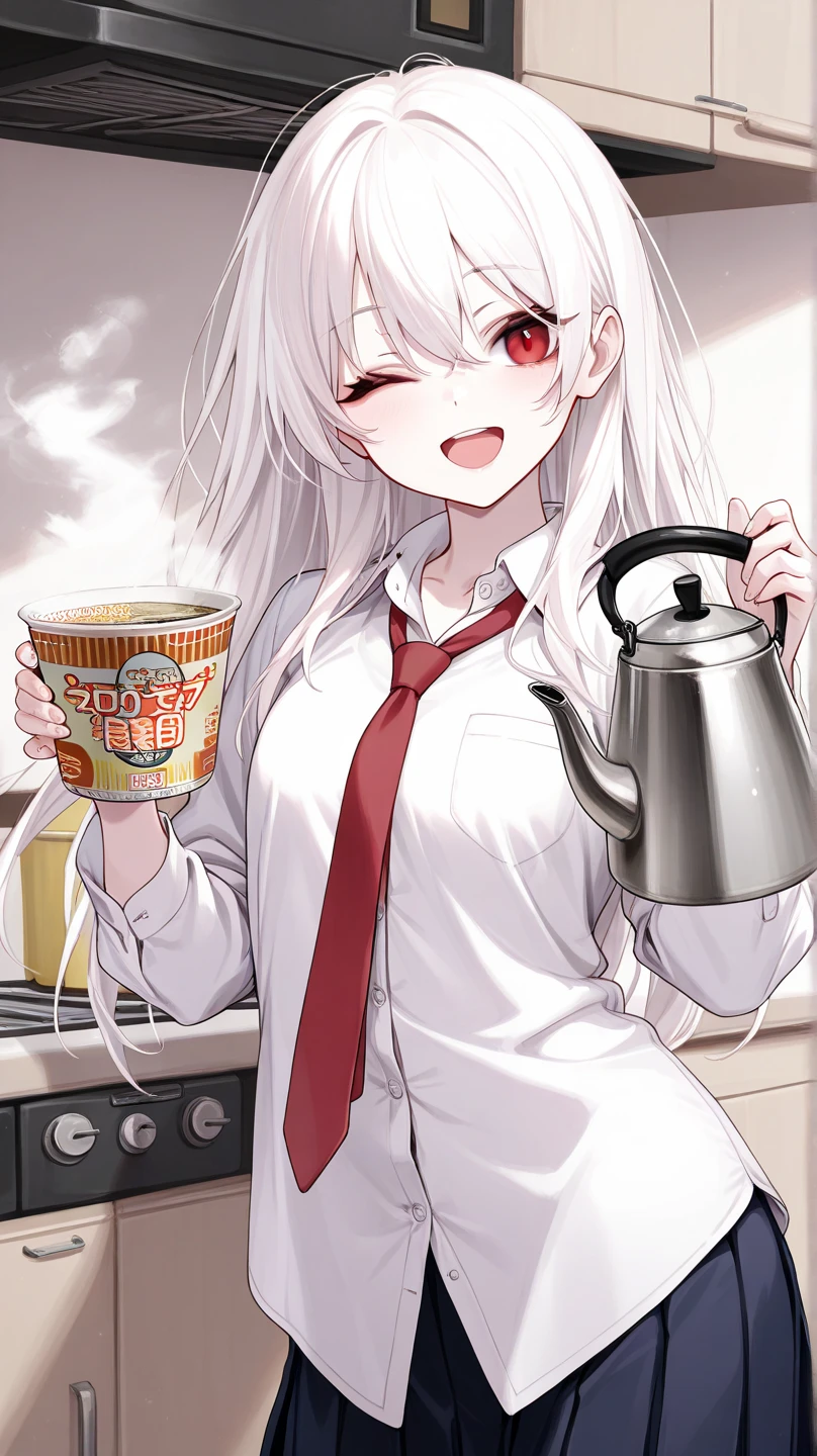 8k, Highest quality,1girl,solo, albino, dancing, cup ramen,happy, hands up, ,holding kettle,one eye closed, school uniform, dress shirt, red necktie, ,kitchen,steam,open mouth, 
masterpiece, best quality, very aesthetic, absurdres, newest, safe