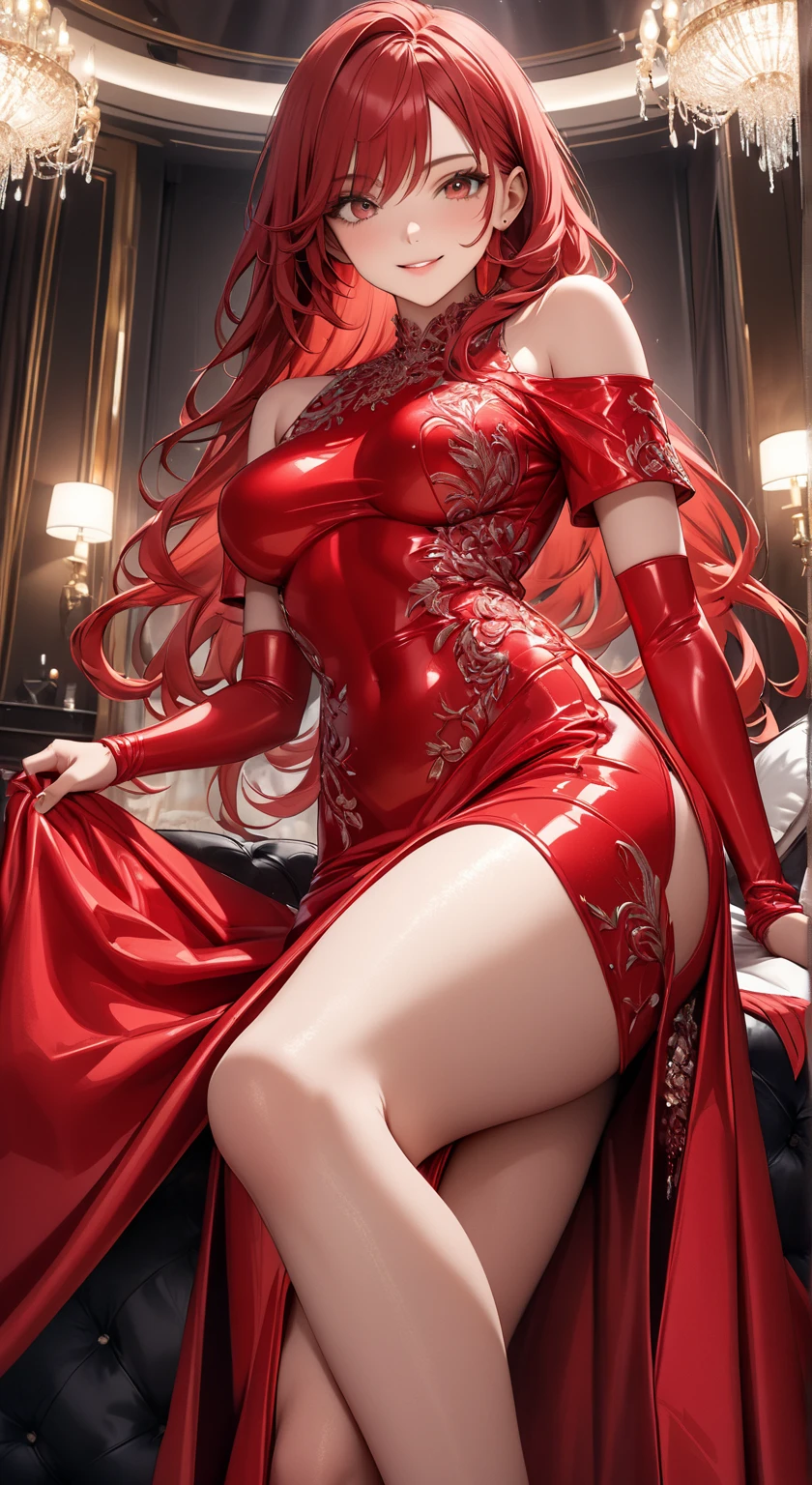 A woman wearing a red neckline, hair ornament, red dress, red choker, collarbone, cocktail dress, choker, black thighhighs, bare shoulders, long brown stockings, large breasts, exposed breasts, red eyes, black hair, long hair, golden olive leaf in hair, postured standing, smiling, ahoge, red heels, perfect face, perfect eyes, perfect lips, in a luxury room with luxury furniture, marble floor, luxury glass window,,UHD, masterpiece, accurate, anatomically correct, textured skin, super detail, high quality, best quality, 8k, high resolution, bokeh effect. ( solo woman), close view, realistic.