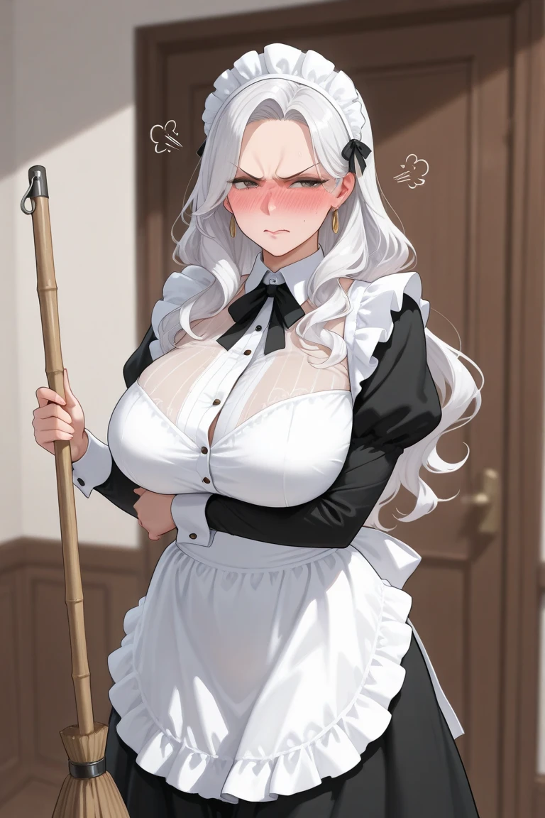 Woman with dark skin, long white hair and cat ears, dressed as a maid and with huge breasts exposed