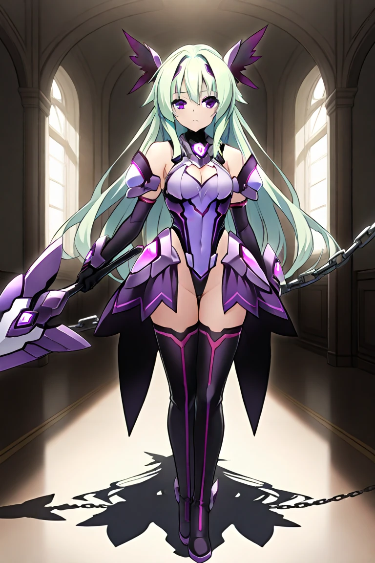 Masterpiece, expressive eyes, 1girl, flat chested, white leotard, short metal side skirt armor, face plate armor, Purple hair, silky long hair, Blue Moon eyes, futuristic leg stilts, amputee legs, Detailed Mechanical forearms, slender body, mechanical armor parts on the torso, mechanical sharp heels, amputee forearms, dynamic, head wrapped Metal amethyst jeweled crown only, mature face, mature body, cold expression, cold eyes, sharp metal fingers, perfect body, mature girl, looking down at the viewer, detailed mechanical body, deadpan expression