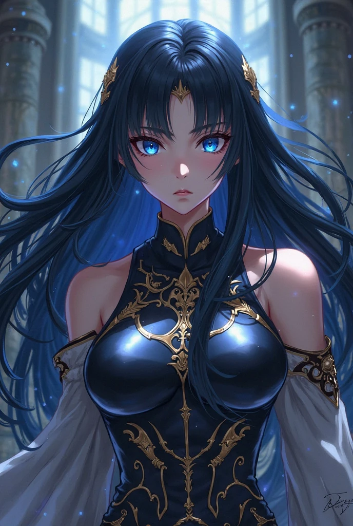 masterpiece, best quality, 1woman adult, female focus, solo, black hair, vibrant blue eyes, long hair, looking at viewer, closed mouth, bangs, Fantasy aesthetics, Highly detailed, shadowverse style, black attire, sorceress
