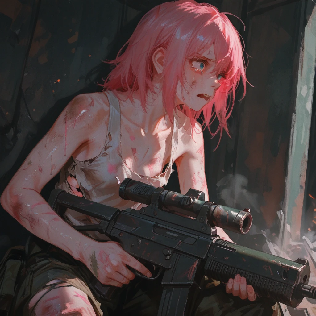 (((highest quallity)))(((high resolution)))((detailded))((attention to the details))(Draw the entire body)cute, pink hair, breasts small, maid clothes(白と黒のmaid clothes,white apron, headband, classic, longskirt), (Fighting with a big sword in hand), two-handed sword(Design Ocidental), burning battlefield, A super strong enemy in front of me, Clothes torn by enemy attacks, The clothes are dirty, ((Clothes soiled with soot and mud:1.6))((Clothes are tattered:1.6)), A Tight Battle, fierce fight, fierce battle, 敵の攻撃でmaid clothesがボロボロ, covered in mud, Covered in soot, sparks, Fighting Desperately, desperate, (The whole body is attacked), wasteland,