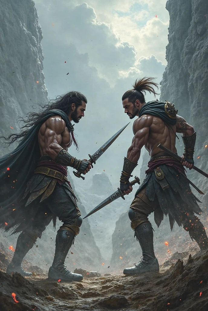 Sword duel between Solomon Kane, Jason Momoa face, and a swordsman. Frazetta art