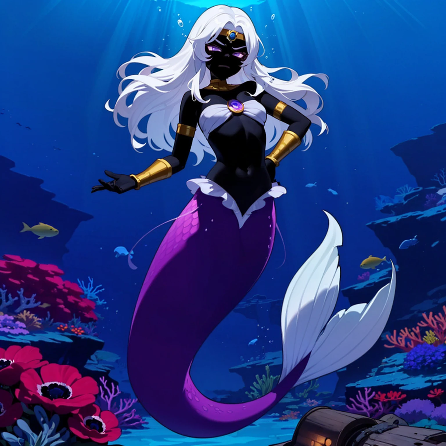  (((queentyr, colored skin, black skin, purple eyes, angry, white hair, long hair, circlet, neck ring, bracer, facial mark, (queen tyr'ahnee, black_skin, white_hair, purple_eyes), smug))),  (((Mermaid, smug, SUPER FUSION, smug, seabed, coral reef, marine life, anemone, sunken ship, sunbeam)))