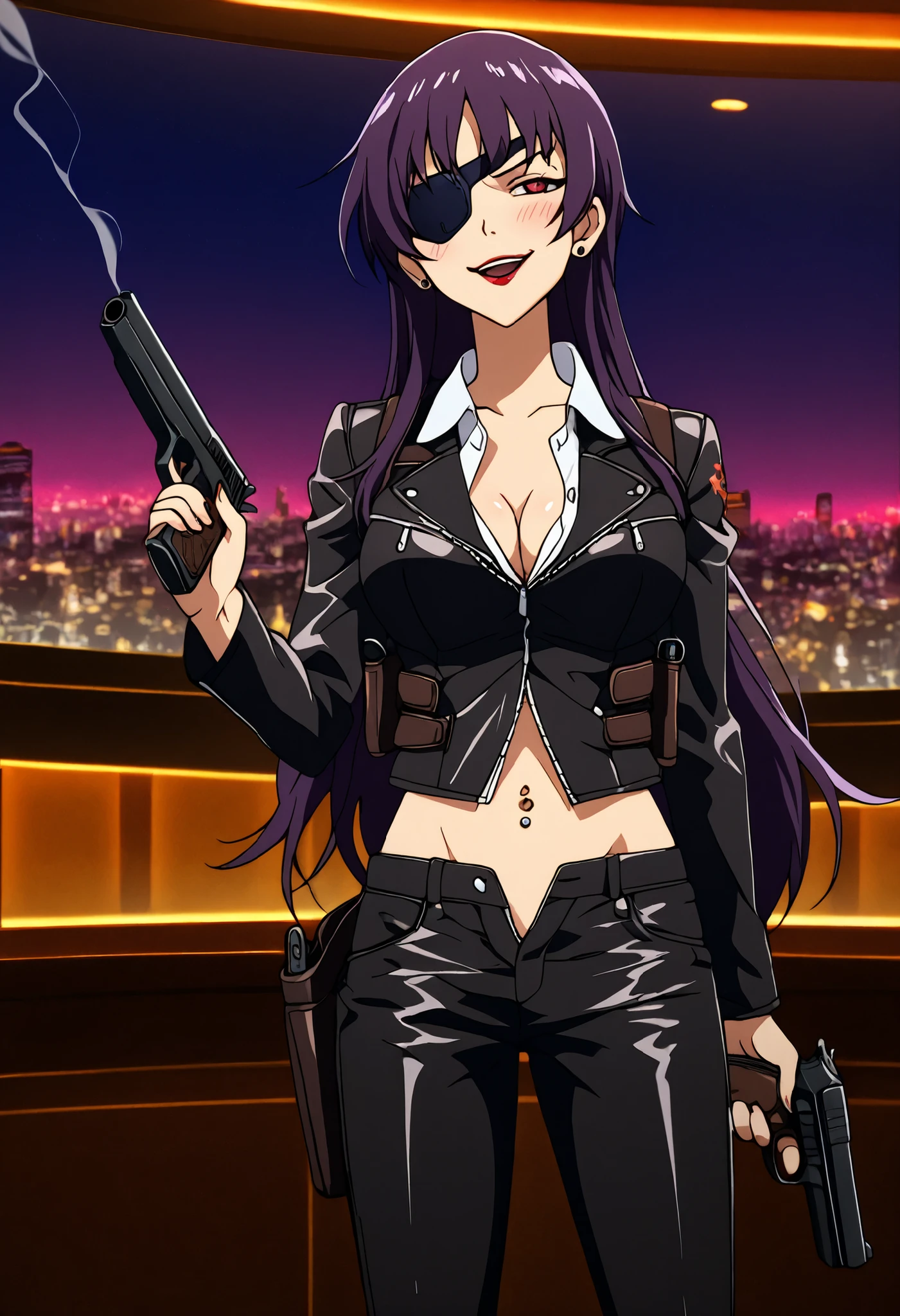 ((1 girl)), ((solo)), hizuru minakata, masterpiece, ultra detailed background, detailed, sharp focus, curvy body, looking at viewer, perfect fingers, mature woman, cowboy photo, dynamic pose, hair long, black hair, black glasses, purple eyes, smiling, seductive, standing,((outdoor, night, beach, sea, standing, moon, city lights)),((Necklace with a cross, cutout) navel, exposed navel, cleavage, long sleeves, jumpsuit, unzip dark purple jumpsuit, dark purple gloves, smile, holding gun, gun, gun, )), large breasts, medium waist, medium hips, wide thighs, butt round, ((solo)), facing forward, ((focus on breasts), pov (from above), perfect anatomy, perfect hands