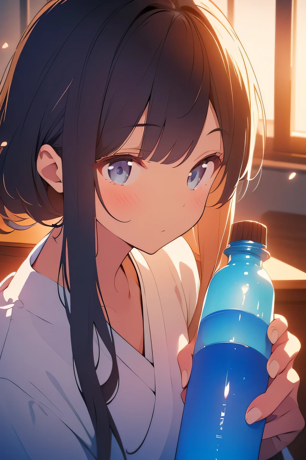 High Res Images , masterpiece, top quality , High Quality , very detailed, detailed information, Sharp details, Sharp Focus, professional lighting, Alone,1 girl holding waterbottle:1.5, girl introducing magic potion, young Japanese woman, upper body, black hair, blue-white skin, Small Head, Small face, loose t-shirt, Clothes with wide necklines, leaning forward, downblouse, morning, lens flare