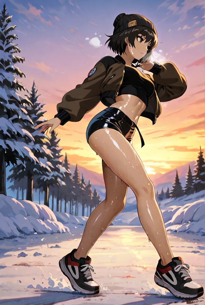 masterpiece, best quality, ultra detailed, 1girl, solo, flat color, cel shading, solid outline, ultra detailed face, sobbing, low twintails hair, on one knee, from below, side by snow igloo with an orange glow on the inside, blizzard at midnight, (snowstorm:1.6), starry sky, (one eye closed:1.3), (medium breasts:1.5), wearing white bikini