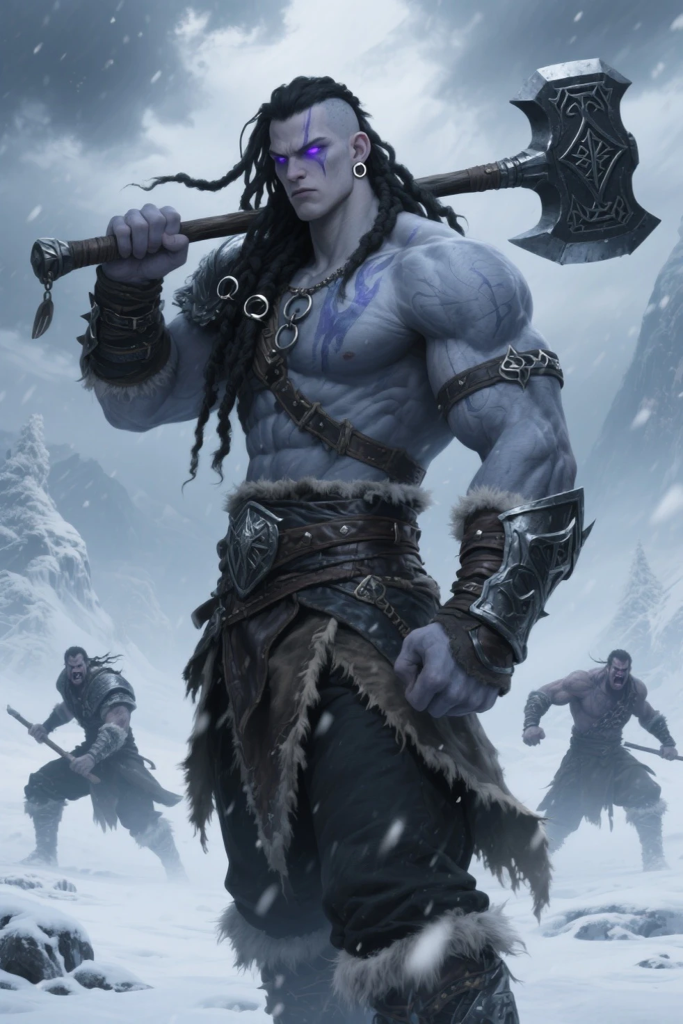 a close up of a troll with a large axe in a snowy area, male troll barbarian, fur-clad barbarian troll goliath, troll barbarian warrior, barbarian class, barbarian, picture of an adult male warrior, male warrior, attractive skinny male troll with leather armor, portrait berserker barbarian, frost giant, large ax