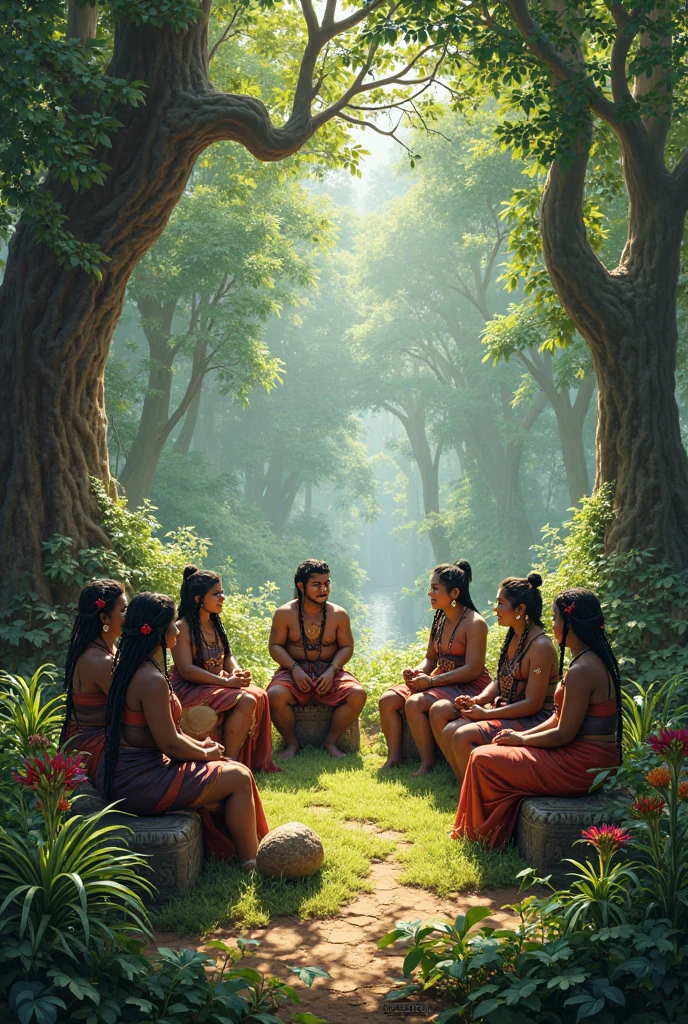 Rama, Sita, and Lakshmana in Panchavati": A serene scene of Rama, Sita, and Lakshmana sitting peacefully in the dense forest of Panchavati, surrounded by tall trees, a calm river nearby, and the natural beauty of the wilderness.