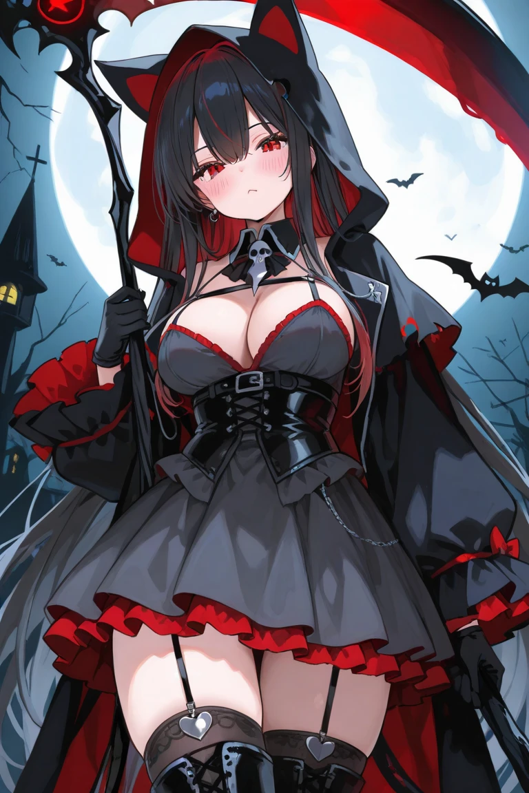 lighting like a movie、top-quality、the witch、Red-Black Symmetrical Costume、One eye is hidden、A dark-haired、Wearing a hood、Colossal tits、Exposed chest、Exposed thighs、Walking along the highway、