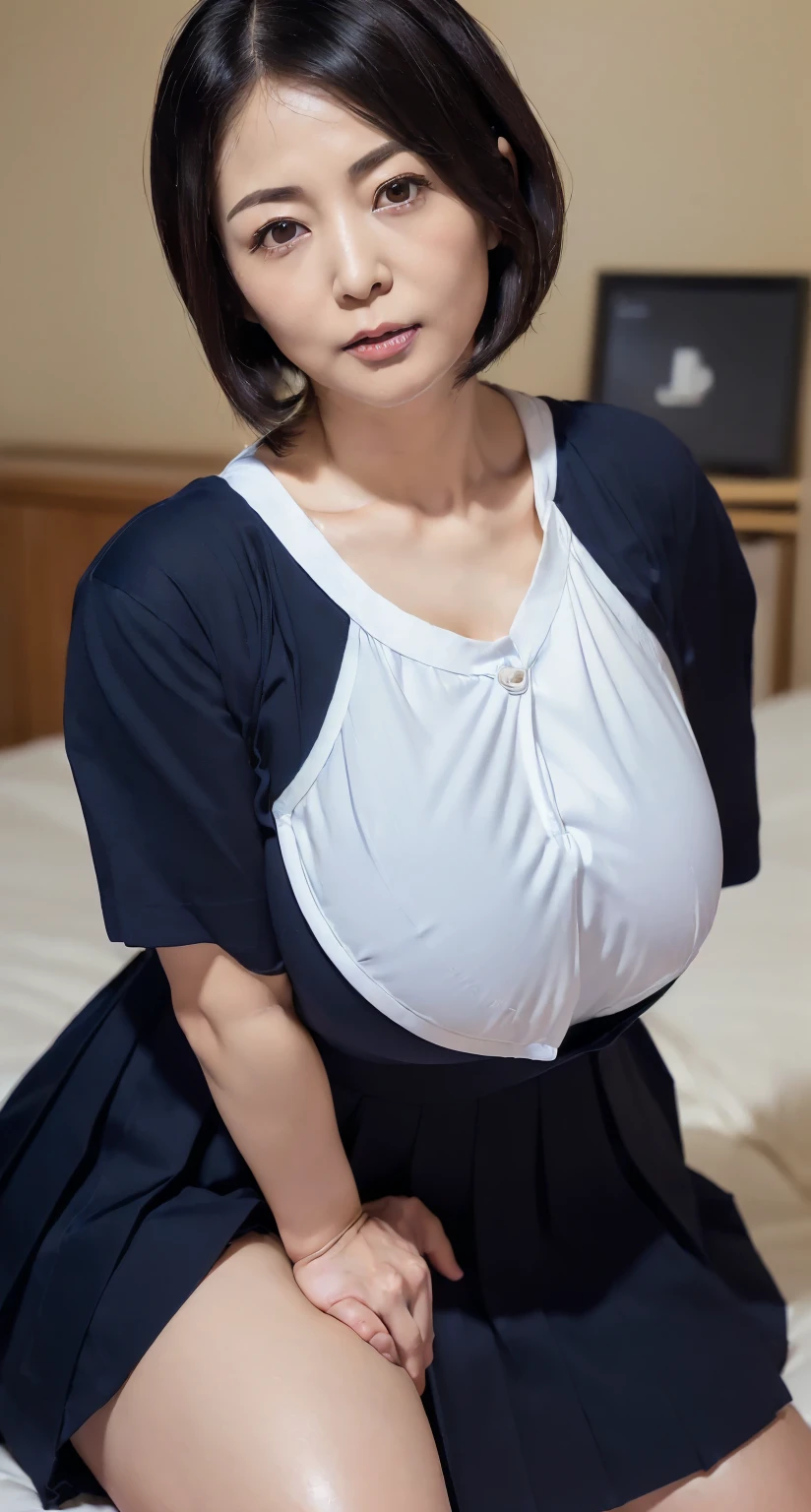 muste piece, best quality, illustration, Super detailed, fine details, High resolution, 8K,wall paper, perfect dynamic composition,(Details High quality, realistic depiction of eyes:1.3), Hospital Rooms、White nurse cap、White tights、White nurse uniform、to stand、Hand skirt、Flipping up a white skirt, large breasts,short bob hair, black hair color, Big Natural Color Lip, bold sexy pose, crying a little、cold gaze, Harajuku style、20 year old girl、cute type、lolita、beautiful legs, hposing Gravure Idol