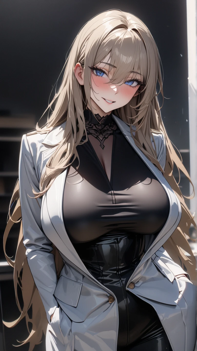 (masterpiece:1.3), ((Best quality at best)) , (disorganized:1.3), (highest quality:1.3),(perfect anatomy:1.5),Super detailed:1.3),(best shadow:0.7),(Ultra high resolution), extremely detailed texture, sharp focus, realistic lighting, cinematic quality, photorealistic details, smooth shading, fine grain, high dynamic range, 8K quality, exquisite clarity, Happy,((huge breasts)), (((G cup))), (((with a big coat covering the body))), (without exposing the cleavage), golden hair, red eyes