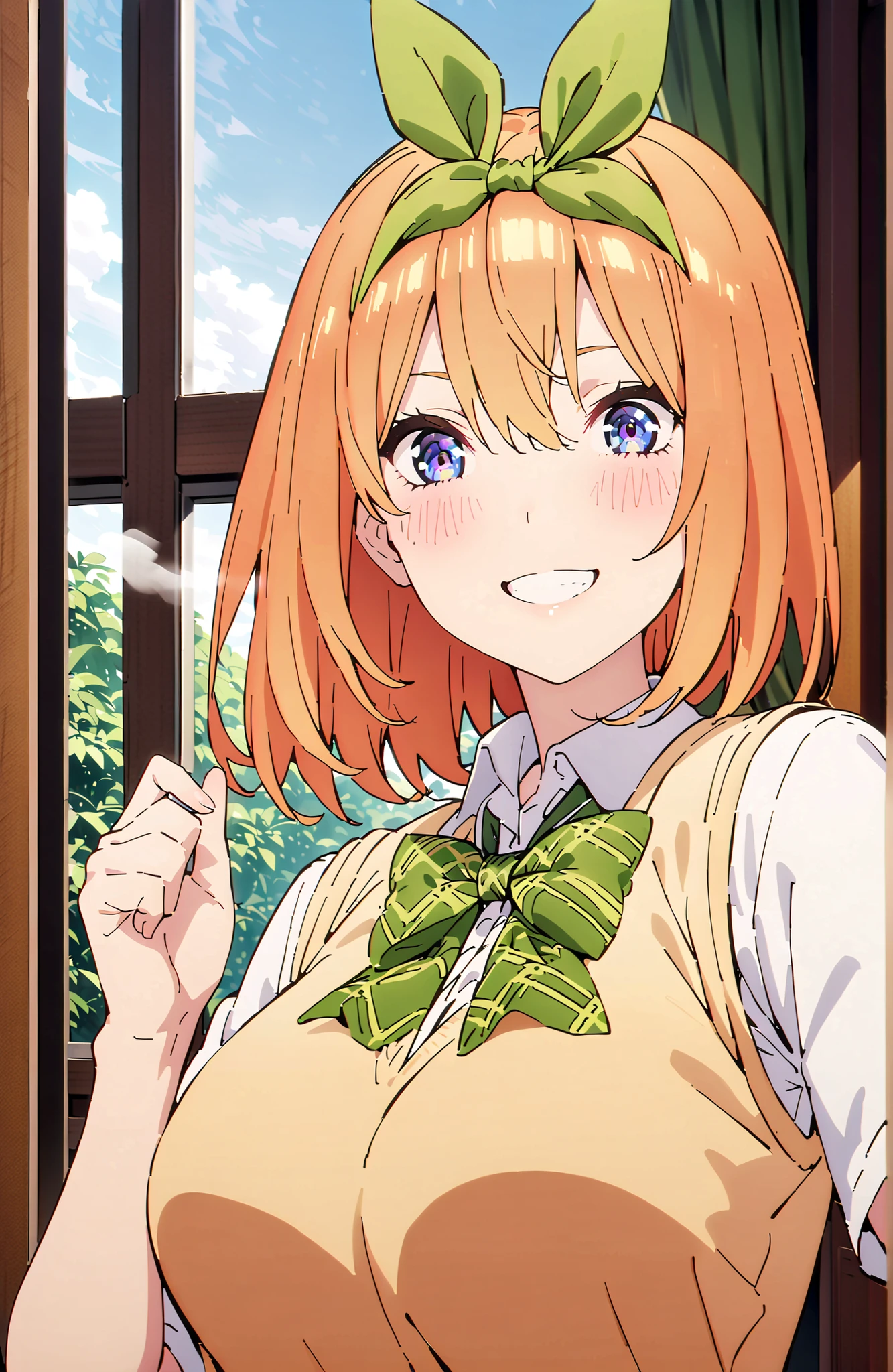 score_9, score_8_up, score_7_up, 中野四葉, solo,bungs, short hair, blue eyes, hair between eyes, hair ribbon, headband, orange hair, (green ribbon:1.5), smile,blush,grinning,Big Breasts,
in their 40s skirt, shirt, bow, ribbon, uniform, white shirt, short sleeve, green mini pleated skirt, collared shirt,bowtie, black socks, loafers, green bow, sweater vest, green ribbon, (yellow sweater vest:1.5),Holding a green bouquet with one hand,standing,curtains,window,machine,chairs, Flower blowing snow, Beautiful Streetscapes,
in their 40s indoors, Classroom,
in their 40s looking at viewer,full body,
in their 40s (masterpiece:1.2), Highest Quality, high resolution, Unity 8k Wallpaper, (Illustrations:0.8), (beautifully detailed eyes:1.6), very detailed face, perfect lighting, Highly Detailed CG, (perfect hand in h, perfect anatomy),