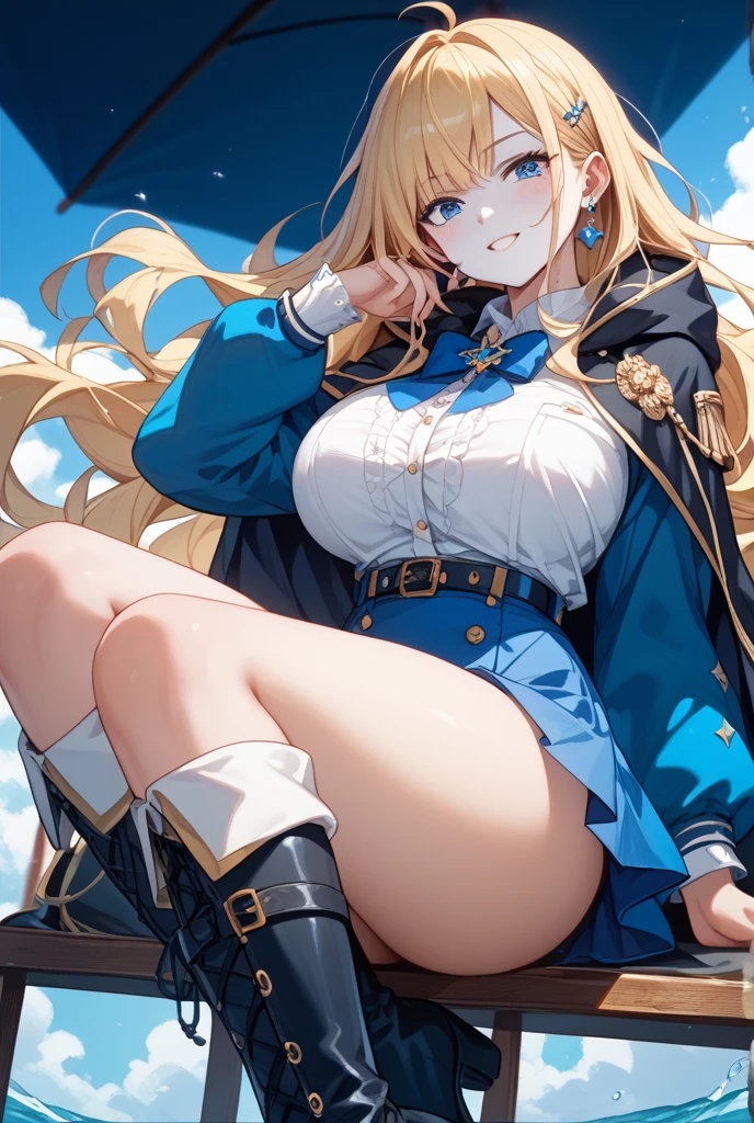 masterpiece, best quality, ultra-detailed, glistening shiny, glowing light, ray tracing, HDR, (perfect face, detailed face, detailed eyes), 8k,HD,ultra realistic face, ray tracing, perfect lighting, best quality, ultra-detailed, High resolution, Full body, Description Girls, detail hands, Detail fingers, Detail Face, cute face, detail legs, overdetailed art, Fine details,1girl, Full body, Description Girls, detail hands, Detail fingers, Detail Face, cute face, detail legs, overdetailed art, Fine details, blonde hair, wavy hair, long hair, blue eyes, smile, blue military uniform, ((skydeep))