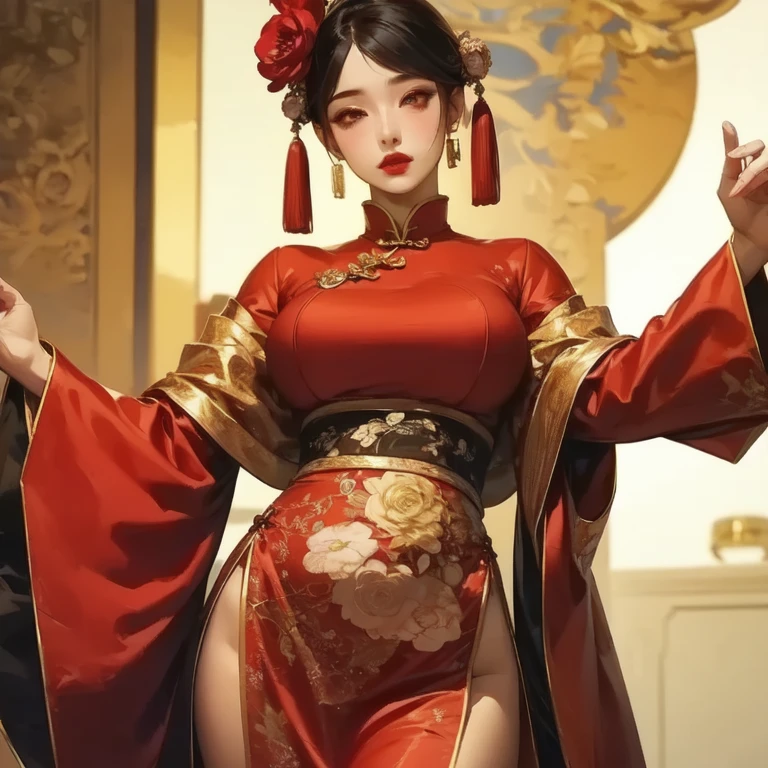 Succubus, demon horns, demon tail, chinese dress, nsfw, tights, large breasts, full body, simple background, Asian woman, sexually perfect, long dark hair, hand on hip