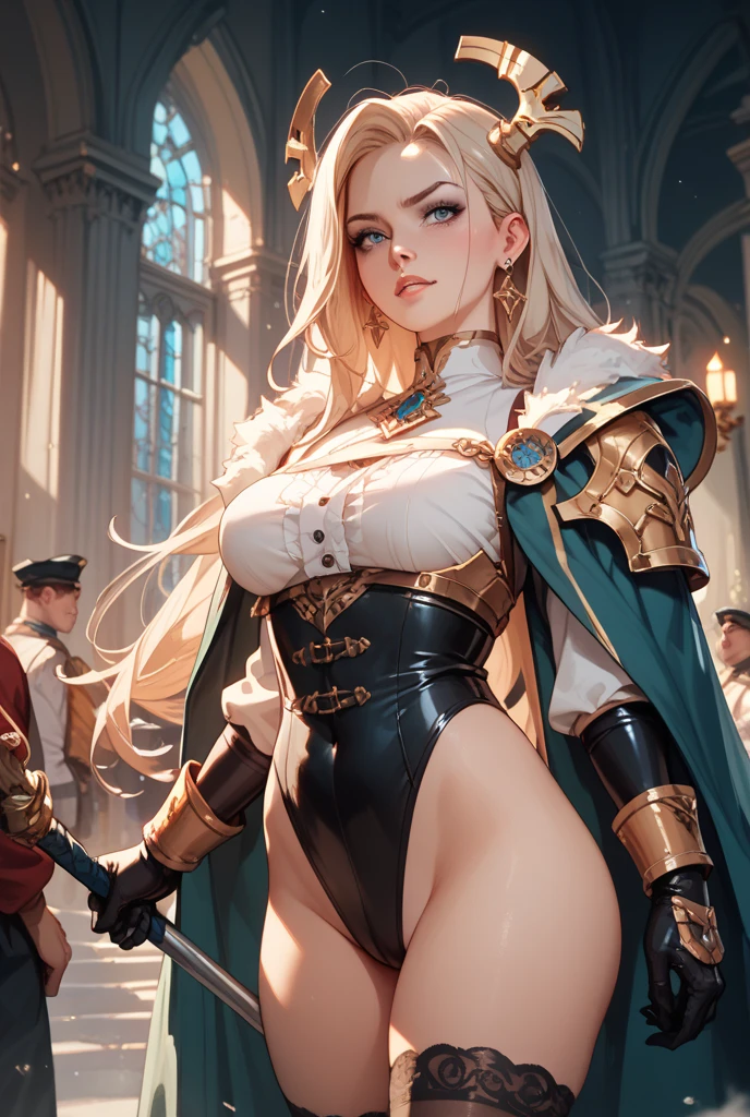 ((Лучшее качество)), ((шедевр)), (подробный), (artgerm style:1.7), hdr, 8k, mature woman, adult woman, large breasts, 1girl, beautiful eyes, extremely long eyelashes, beautiful face, in love, looking at viewer, parted lips, skinny, ultra details, model posing, blue eyes, long hair, white garter belt and tights, cum in pussy, spread legs nude nipples, blond straight hair, (straight bang:1.6) ,cleavage, magik, x-men, red lipstick, gothic make up, milf background: luxury room negative:bad anatomy, missing fingers, bad hands, missing hands