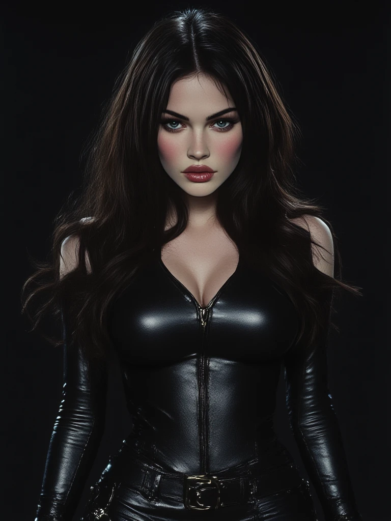 A captivating close-up portrait of the enchanting sorceress Yennefer, showcasing her alluring aesthetic. She wears a tight-fitting, revealing dress with long black gloves, accentuating her flawless figure and face. Yennefer is squatting gracefully, her legs together and showcasing her high heels and stockings. Her gaze is locked on the viewer, her vibrant eyes framed by her elegant side profile. The photo exudes a mesmerizing charm and is expertly captured in a vibrant and enchanting style, with a deep black background that accentuates Yennefer's striking features., vibrant, portrait photography