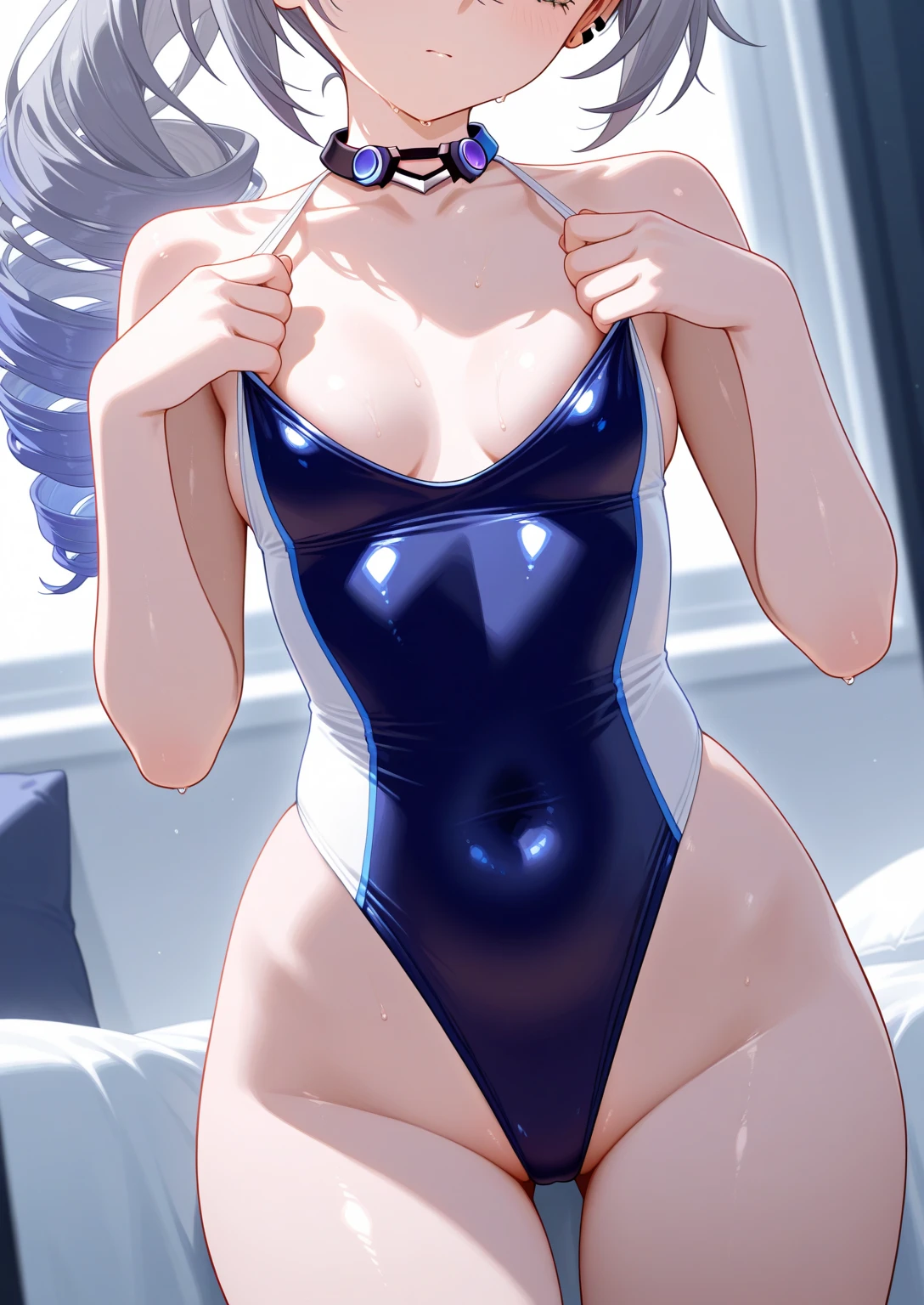 hiquality、top-quality、Full limbs、The ultra -The high-definition、complete fingers、Slender beauty、ssmile、white hair、poneyTail、Wearing a shiny white school swimsuit、shinny skin、large udder、Are sleeping、Bedrooms、Dramatic Writing