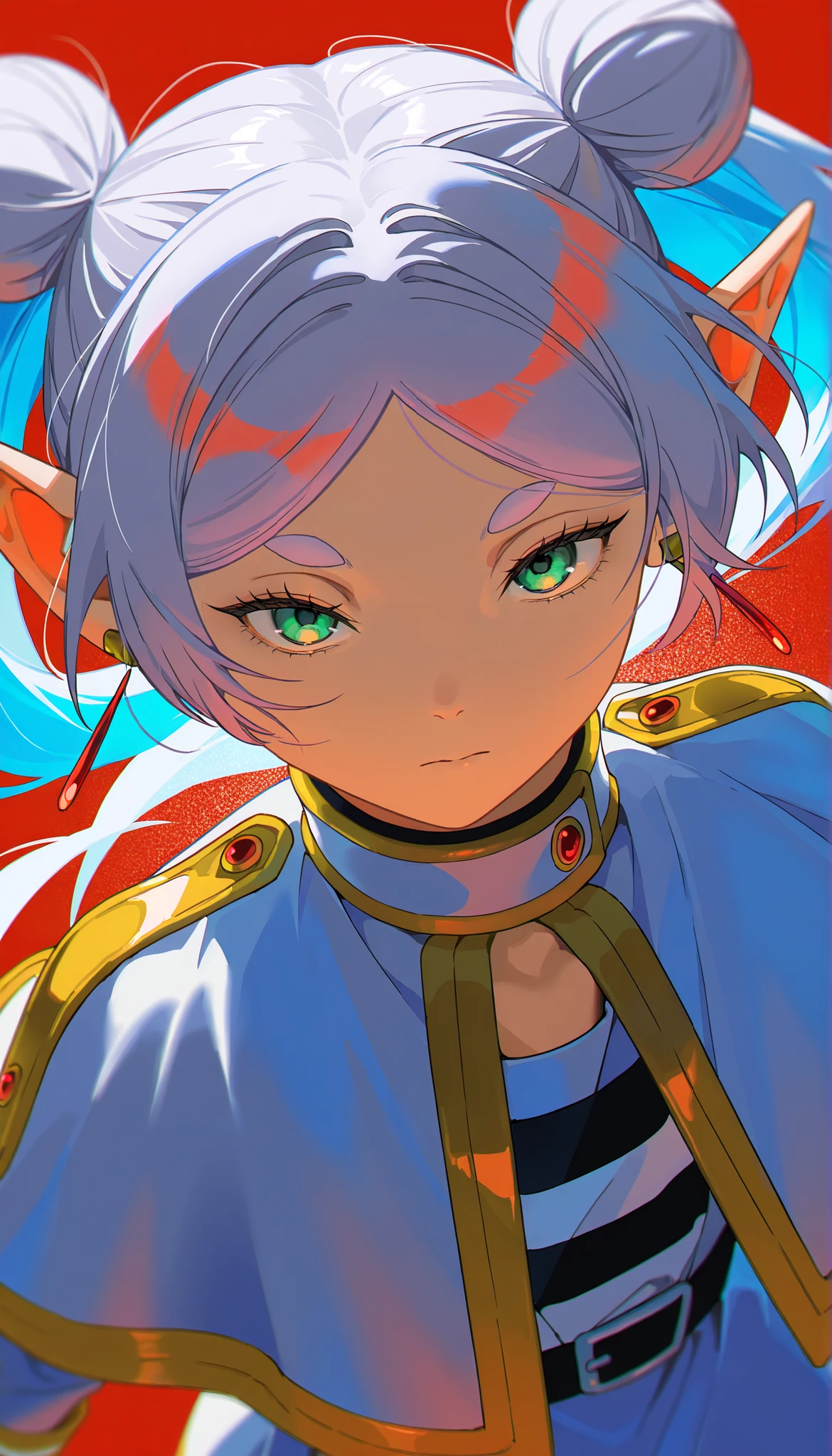 masterpiece, best quality, amazing quality, very aesthetic, absurdres, newest, scenery, 1girl, Frieren, serious face, view from bottom, halfbody frame, double bun, look at the viewer, upper body, red background, backlighting, from above, dutch angle, photorealistic, dutch angle, (colorful), from up, , masterpiece, best quality, amazing quality, very aesthetic, absurdres, newest, scenery, volumetric lighting