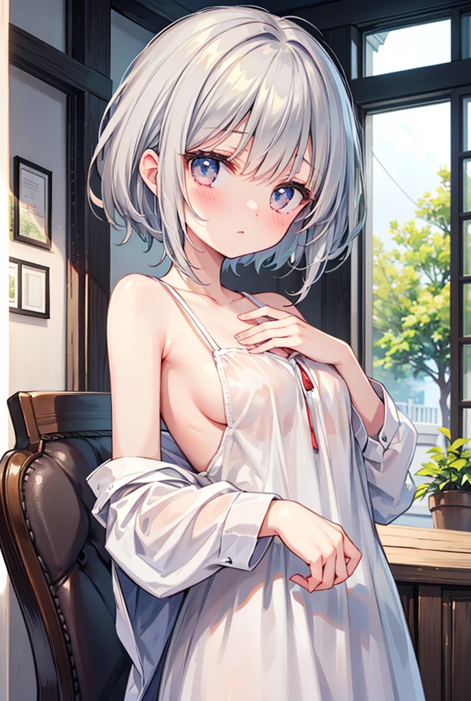 Highly aroused face, woman, Bun Hair, white Hair,nsfw,Bewitching Smile,Sexy pose, Sex with a man, riding normal penis, small breasted girl, white See-through blouse, little breasts, fellatio