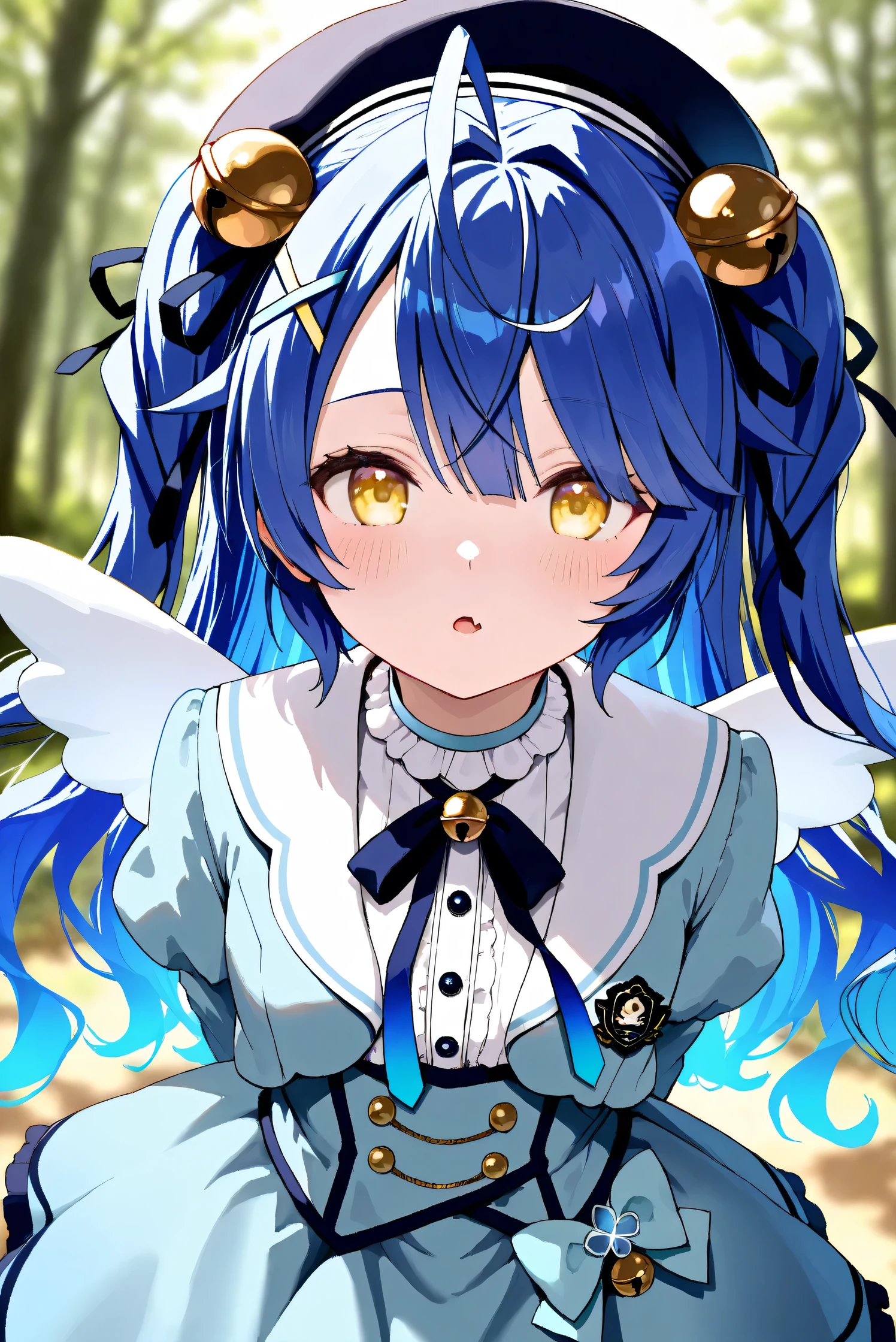 (Masterpiece), (Highest quality), (Very detailed),
(The best shape), (Best Shadow), (Absurd),
(Detailed background), (So beautiful), Shiny ,
Extraordinary, Countershading, 8k, 32K, High resolution, Beautiful eyes in every detail,
Very Detailed CG, UHD,
Score_9, Score_8_up, Score_7_up, Source_anime,
(Pastel painting:1.2), (Watercolor painting:1.2),
(Masterpiece, Detailed:1.2), (Foreshortening:1.2),
Cinematic, Dramatic, (Depth of field:1.4),
(Blurry background:1.4), (Realistic background:1.4),
(Foreshortening:1.3),Dynamic angle, 1 girl,
Outdoor, Nature, Wind, forest,
Amamiya Kokoro,
nijisanji, virtual youtuber,
akokoro, ribbon, hair bell, x hair ornament, two side up, skin fang,
beret, dress, blue dress, long sleeves, jingle bell, wings,
portrait, Focus on face, (close up shot:1.2),
(Blush:1.3), parted lips,
arms behind back,
Realistic skin, Shiny skin,
