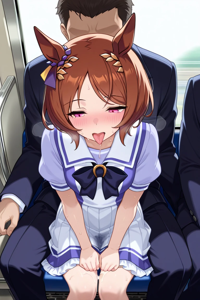 A topless girl with no underwear, black hair in a short bob, small breasts and pale pubic hair, wearing a checkered skirt with erect nipples, is crying in disgust at the penis of a naked molester standing on a train, and is holding it in her mouth.