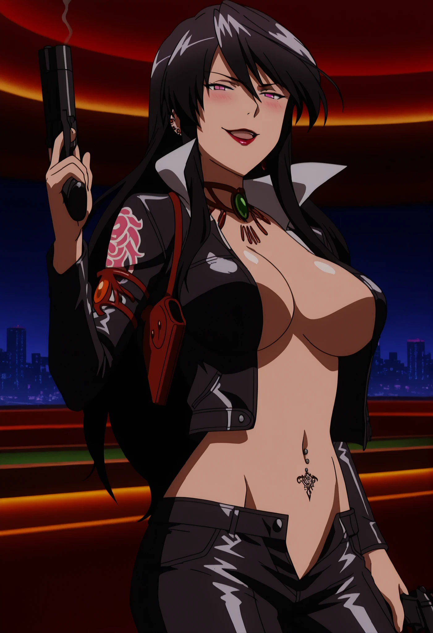 1girl, black hair, long hair, hairclip
,purple eyes,red lips,
Hot girl, baddie, staring, glaring, bad attitude, mean girl, dare, angry, hate, crazy, smoking, sensual, attractive, blush, lipstick, outdoors, rooftop, cityscape, building, railing, night, night sky, scenery, moon, city lights, blush, lipstick, mouth open and tongue out, open, fur trim, mature female, gloves, fur-trimmed coat, masterpiece, best quality, highly detailed, a girls with a gun, evil smile , open mouth, sexy gaze, badass
pose , evil smile, smile, (nsfw) not safe for work, guns blazing, anime girl with long hair, beautiful long
haired girl, navel, evil expression, exposed belly, exposed navel, exposed midriff, exposed lower belly,
long black pants, crop top, cleavage, unbuttoned leather pants ,open fly, low rise black leather pants,
leather jacket, holding a gun, holding pistol