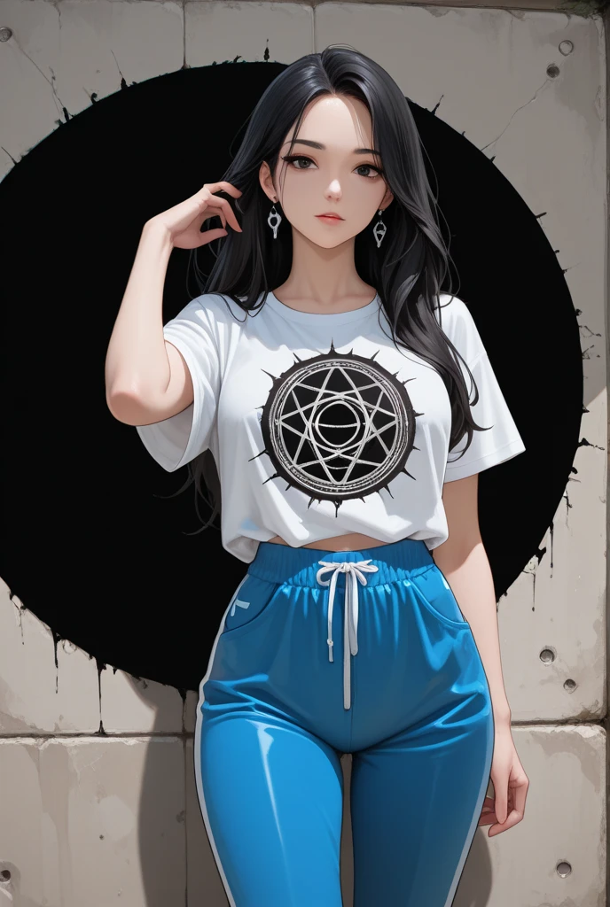 Kpop young age girl long dark blue hair, cute face, irresistible, sit pose, poser, serious face, full half body show, tattoos, wears cool black mixed blue ang green open jacket with long big sized shirt, long black pants with belt, paint background, popstar, has messy lime green hair, and a green one-suit with a diamond. He has a normal Putt Putt Troll appearance overall, as most of them resemble his appearance with exceptions like Viva. His attire a reference to the golfing attire of golfers.