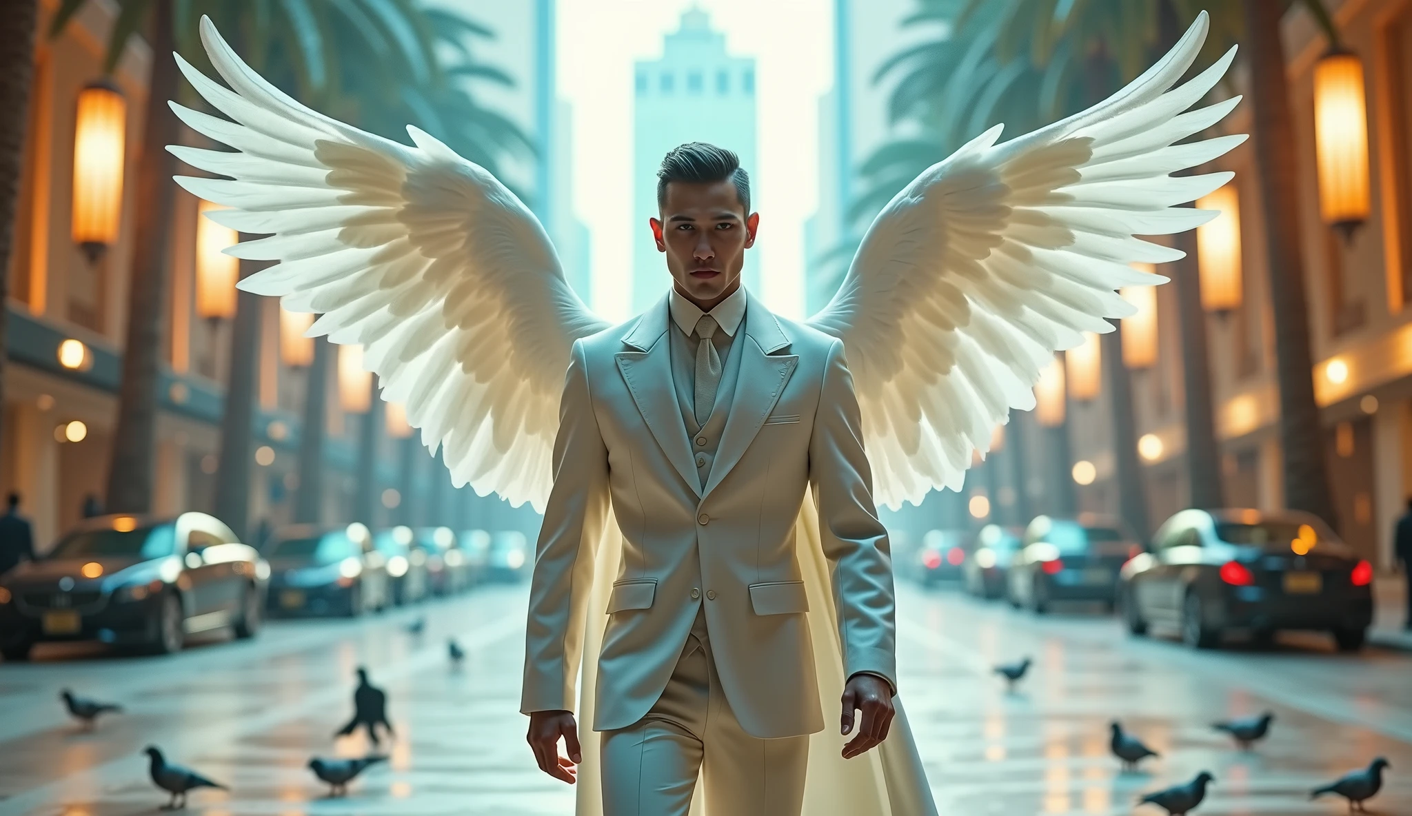 Handsome Male angel, light blue eyes, European features, similar features to male actor Cha eun woo, Large biceps, short cut hair, white large feathery wings stretches wide, adorn in a white suite and white cloak over his head, stares intensely with a plain look on his face, glowing light all around him, through a Los Vegas square, people fallen to the ground in the background, Palm trees, water fountain , pigeons on the sidewalk, cars parked at a distance, warm tone, cinematic scene, blockbuster, hyperrealistic, flawless, Raw image, 32K UHD
