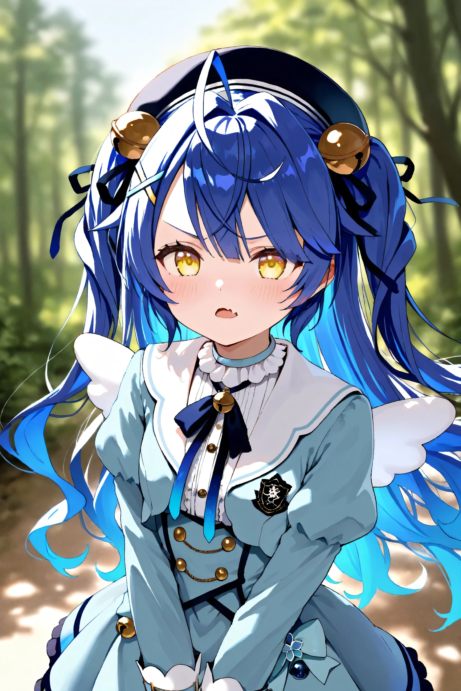 (Masterpiece), (Highest quality), (Very detailed),
(The best shape), (Best Shadow), (Absurd),
(Detailed background), (So beautiful), Shiny ,
Extraordinary, Countershading, 8k, 32K, High resolution, Beautiful eyes in every detail,
Very Detailed CG, UHD,
Score_9, Score_8_up, Score_7_up, Source_anime,
(Pastel painting:1.2), (Watercolor painting:1.2),
(Masterpiece, Detailed:1.2), (Foreshortening:1.2),
Cinematic, Dramatic, (Depth of field:1.4),
(Blurry background:1.4), (Realistic background:1.4),
(Foreshortening:1.3),Dynamic angle, 1 girl,
Outdoor, Nature, Wind, forest,
Amamiya Kokoro,
nijisanji, virtual youtuber,
akokoro, ribbon, hair bell, x hair ornament, two side up, skin fang,
beret, dress, blue dress, long sleeves, jingle bell, wings,
portrait, Focus on face, (close up shot:1.2),
(Blush:1.3), little angry,
Realistic skin, Shiny skin,