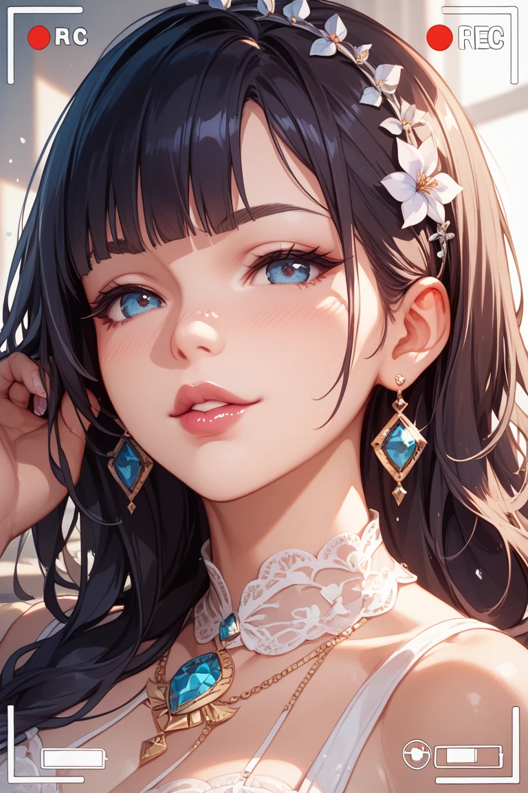 masterpiece, highest quality, Awareness-raising, Platinum Earrings, Platinum Necklace, White Dress, One Girl, cute, (Dynamic Lighting:1.2), Cinematic lighting, Delicate facial features, Detailed eyes, Sharp pupils, Realistic students, Depth of written boundary, ボケ Depth of written boundary, Sharp focus, (Ultra-detailed, bloom, Shine:1.4), Lots of little gems、 Red Neon、Nipples are visible