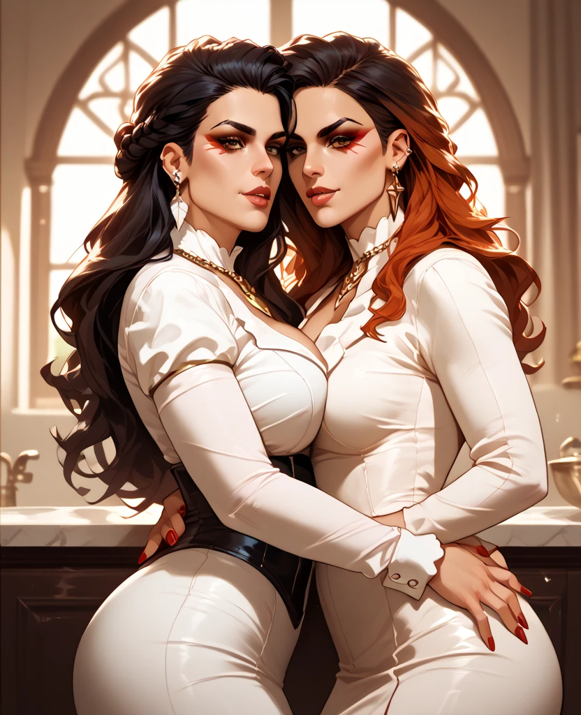 a redheaded woman, Jennifer Connelly, beautiful detailed eyes, beautiful detailed lips, extremely detailed eyes and face, long eyelashes, sensual, sexy pose, elegant dress, detailed clothing, luxurious interior, chandelier, high quality, 8k, photorealistic, cinematic lighting, dramatic colors, chiaroscuro lighting, dramatic atmosphere, fantasy art style