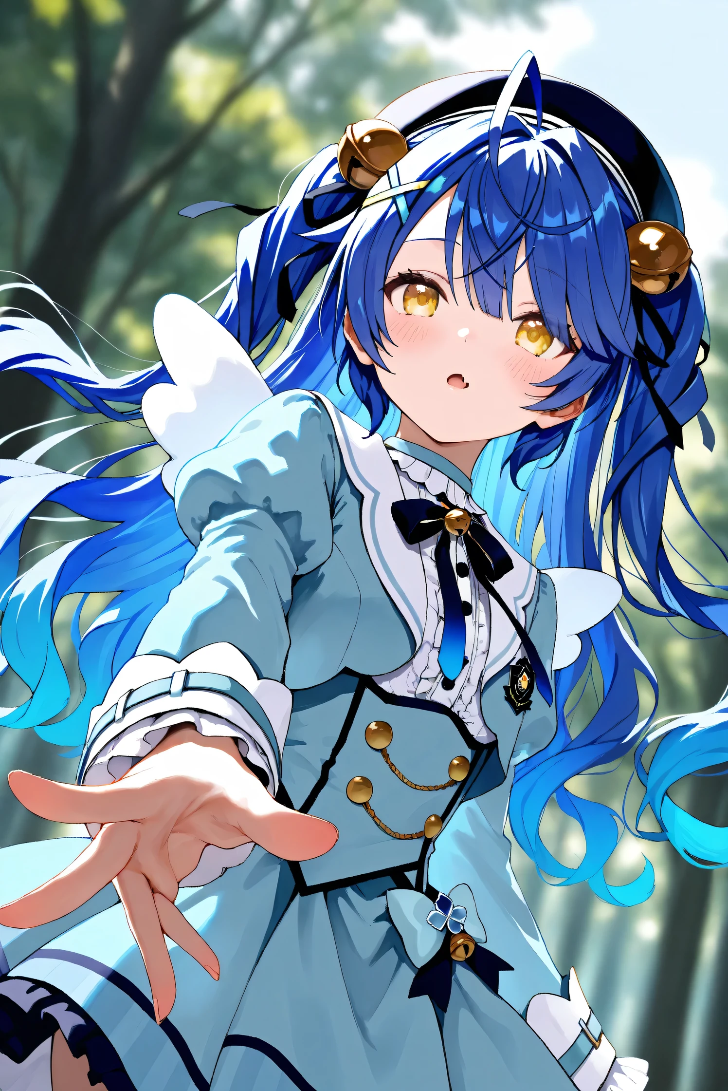 (Masterpiece), (Highest quality), (Very detailed),
(The best shape), (Best Shadow), (Absurd),
(Detailed background), (So beautiful), Shiny ,
Extraordinary, Countershading, 8k, 32K, High resolution, Beautiful eyes in every detail,
Very Detailed CG, UHD,
Score_9, Score_8_up, Score_7_up, Source_anime,
(Pastel painting:1.2), (Watercolor painting:1.2),
(Masterpiece, Detailed:1.2), (Foreshortening:1.2),
Cinematic, Dramatic, (Depth of field:1.4),
(Blurry background:1.4), (Realistic background:1.4),
(Foreshortening:1.3),Dynamic angle, 1 girl,
Outdoor, Nature, Wind, forest,
Amamiya Kokoro,
nijisanji, virtual youtuber,
akokoro, ribbon, hair bell, x hair ornament, two side up, skin fang,
beret, dress, blue dress, long sleeves, jingle bell, wings,
portrait, Focus on face, (close up shot:1.2),
(Blush:1.3), parted lips,
Realistic skin, Shiny skin,
