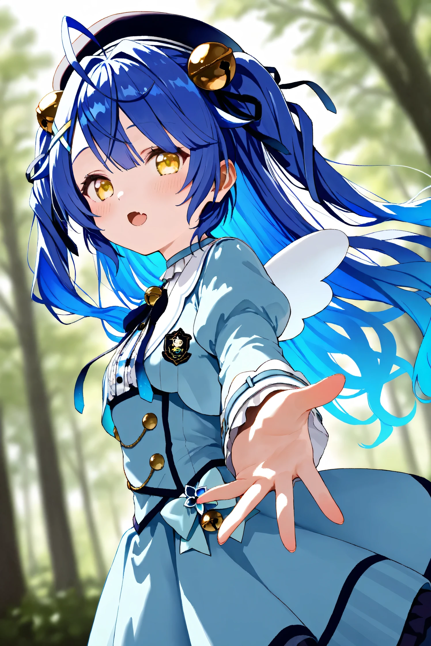 (Masterpiece), (Highest quality), (Very detailed),
(The best shape), (Best Shadow), (Absurd),
(Detailed background), (So beautiful), Shiny ,
Extraordinary, Countershading, 8k, 32K, High resolution, Beautiful eyes in every detail,
Very Detailed CG, UHD,
Score_9, Score_8_up, Score_7_up, Source_anime,
(Pastel painting:1.2), (Watercolor painting:1.2),
(Masterpiece, Detailed:1.2), (Foreshortening:1.2),
Cinematic, Dramatic, (Depth of field:1.4),
(Blurry background:1.4), (Realistic background:1.4),
(Foreshortening:1.3),Dynamic angle, 1 girl,
Outdoor, Nature, Wind, forest,
Amamiya Kokoro,
nijisanji, virtual youtuber,
akokoro, ribbon, hair bell, x hair ornament, two side up, skin fang,
beret, dress, blue dress, long sleeves, jingle bell, wings,
portrait, Focus on face, (close up shot:1.2),
(Blush:1.3), parted lips,
Realistic skin, Shiny skin,