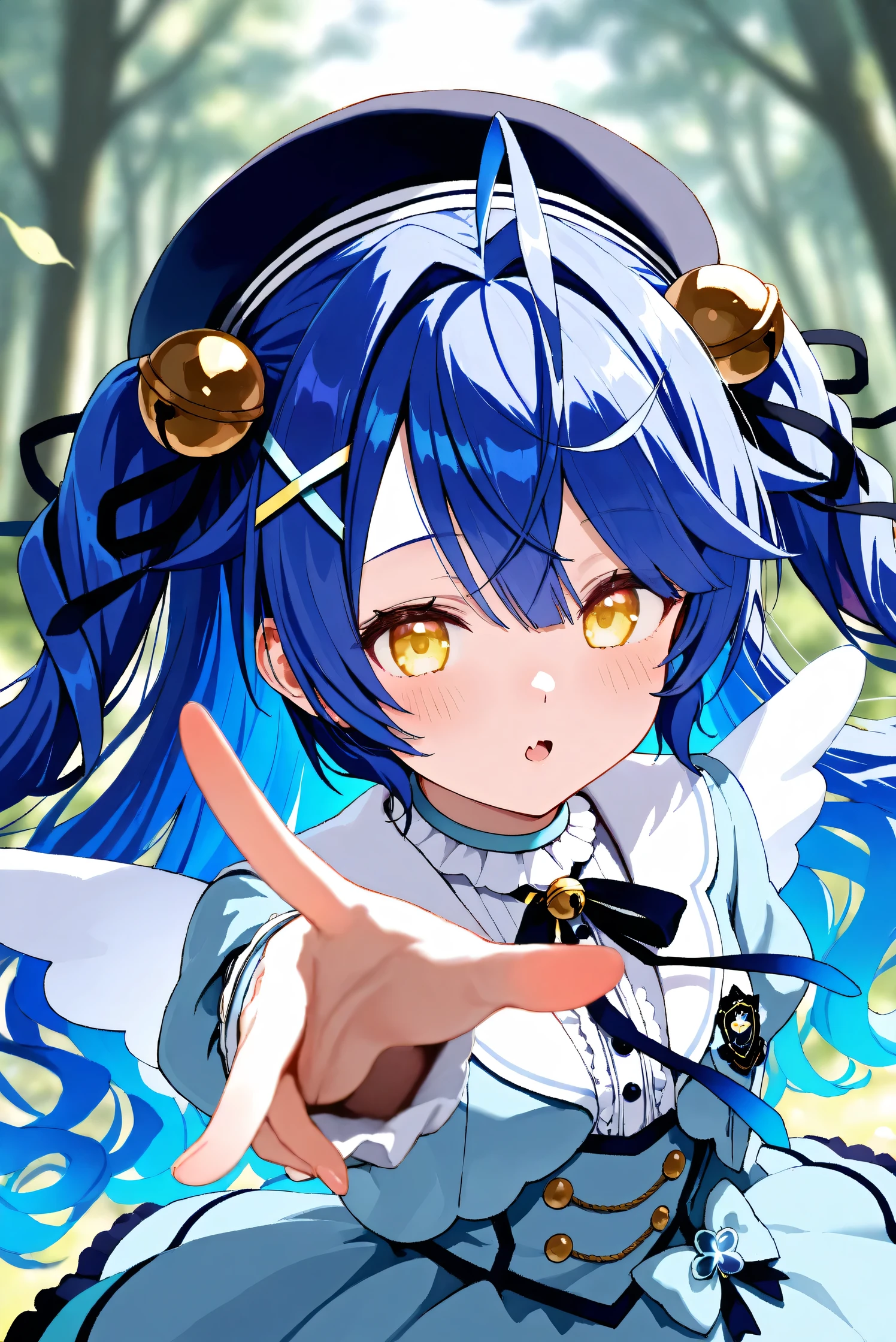 (Masterpiece), (Highest quality), (Very detailed),
(The best shape), (Best Shadow), (Absurd),
(Detailed background), (So beautiful), Shiny ,
Extraordinary, Countershading, 8k, 32K, High resolution, Beautiful eyes in every detail,
Very Detailed CG, UHD,
Score_9, Score_8_up, Score_7_up, Source_anime,
(Pastel painting:1.2), (Watercolor painting:1.2),
(Masterpiece, Detailed:1.2), (Foreshortening:1.2),
Cinematic, Dramatic, (Depth of field:1.4),
(Blurry background:1.4), (Realistic background:1.4),
(Foreshortening:1.3),Dynamic angle, 1 girl,
Outdoor, Nature, Wind, forest,
Amamiya Kokoro,
nijisanji, virtual youtuber,
akokoro, ribbon, hair bell, x hair ornament, two side up, skin fang,
beret, dress, blue dress, long sleeves, jingle bell, wings,
portrait, Focus on face, (close up shot:1.2),
(Blush:1.3), parted lips,
Realistic skin, Shiny skin,