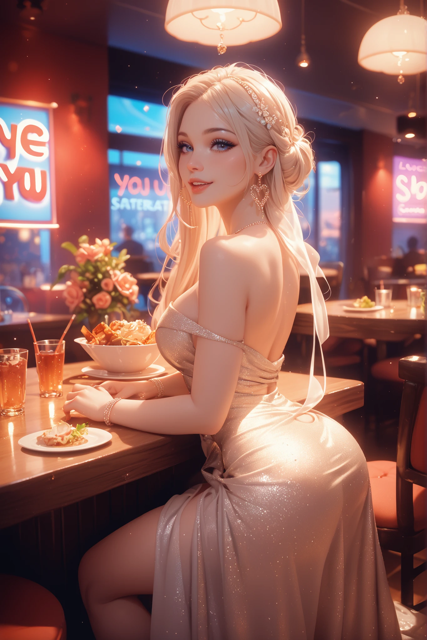 30 years old emily, Muscular body, (nsfw:0.5), posing, wearing light Silver knit chic outfit, (bokeh effect:1.2). restaurant dinner date, romantic evening, culinary delights, intimate setting . <lora:nsfw0.3.6:0.5> OverallDetail <lora:EmilyTheCorpseBride 40:0.2>