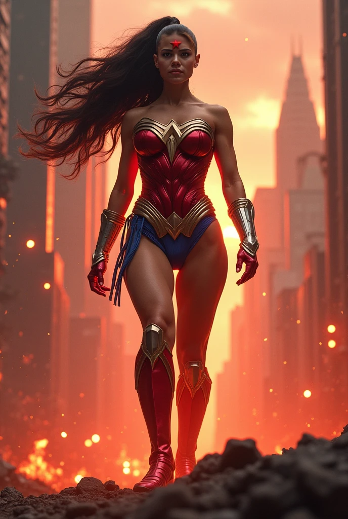 A beautiful woman with black dreadlocks wearing the costume of the Amazon warrior Wonder Woman (((Red and blue leather jumpsuit)))Silver colored diaema with a star on her forehead silver colored bracelets red leather boots long to her knees flying over an apocalyptic city skyscrapers on fire
