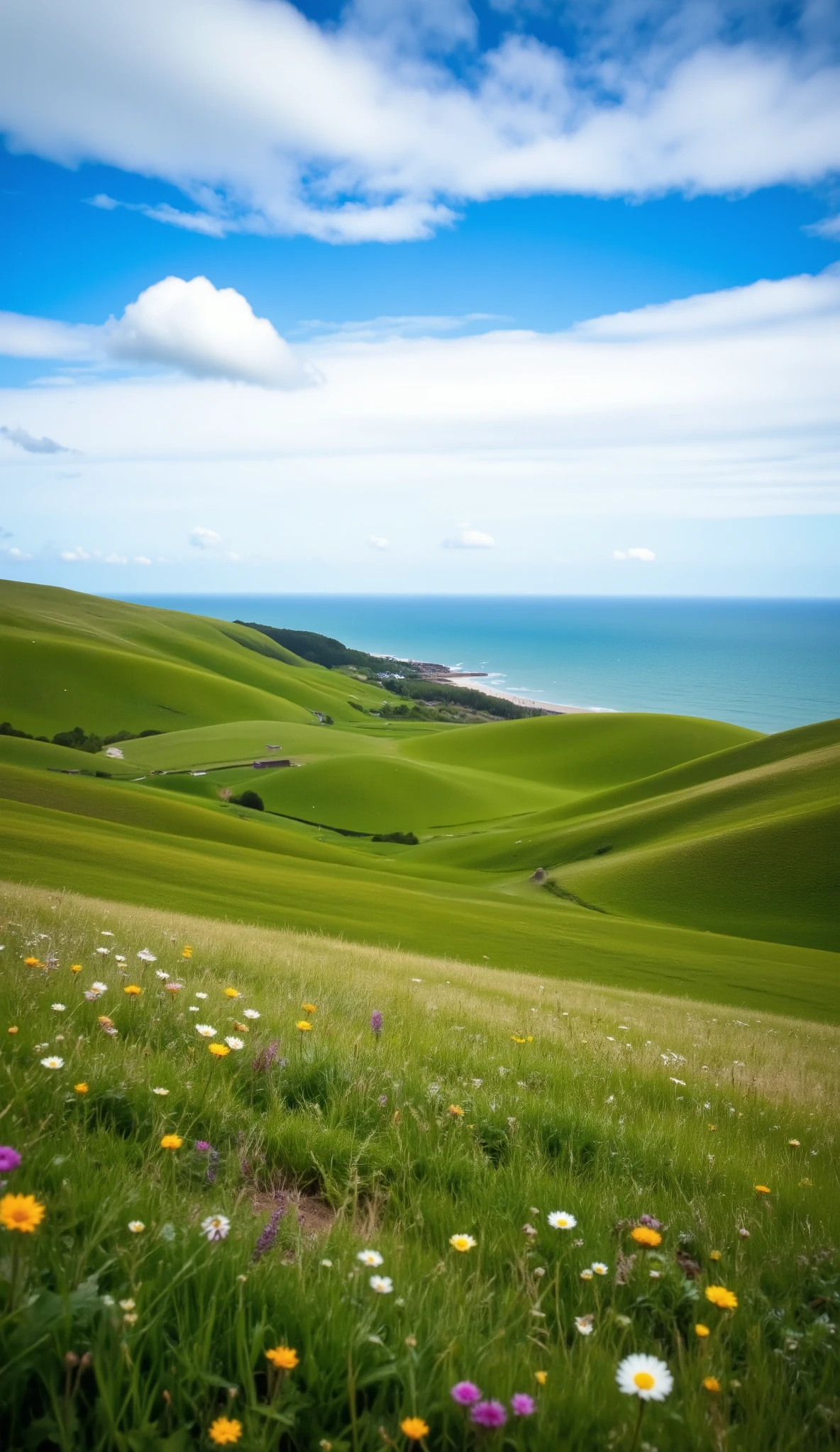 High definition images、from the hilly steppes of Normandy at the foot of the Strait of Dover、Looking at GB in the distance、Just a few summer flowers、I'm watching the blue sky and clouds。