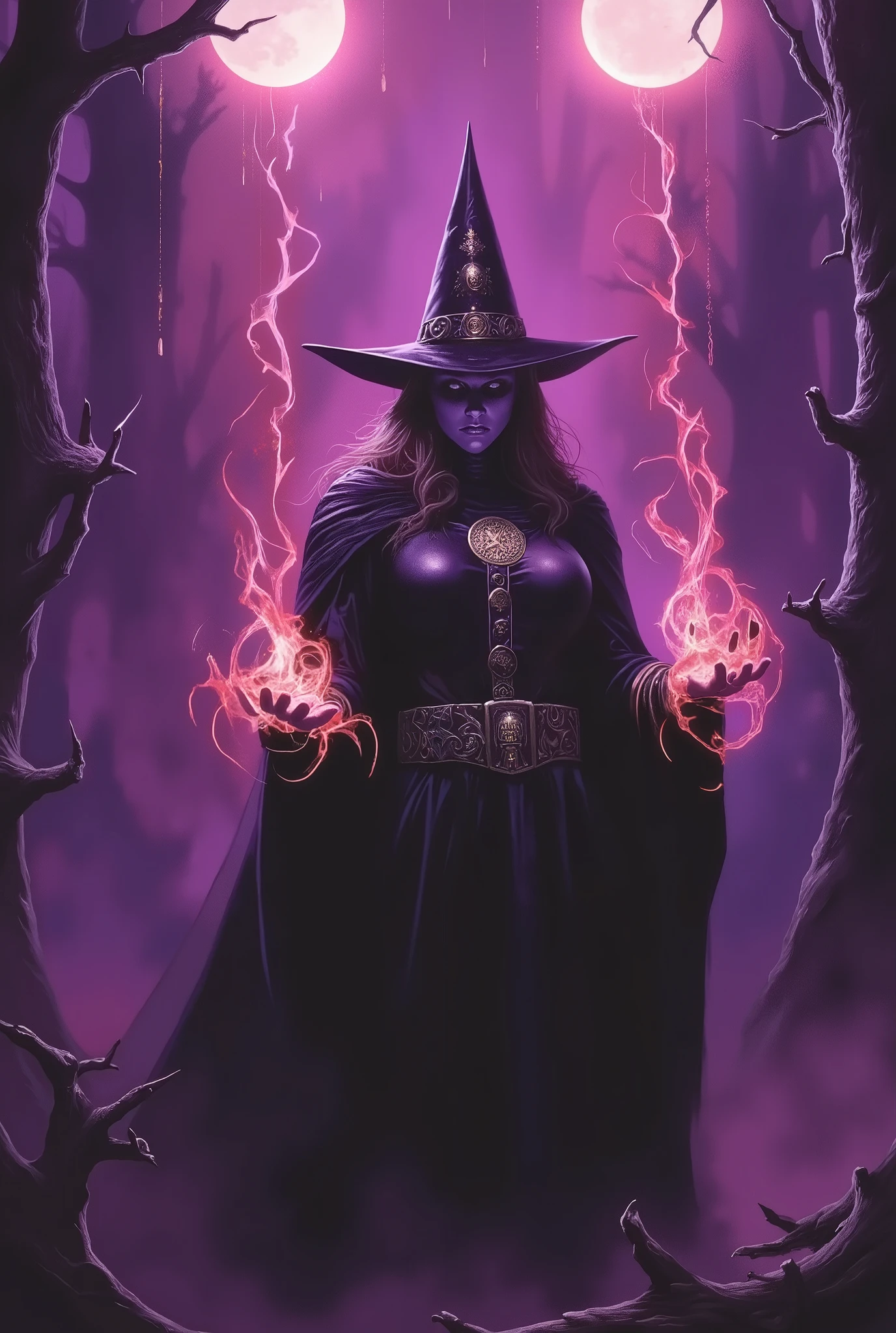A dark fantasy theme of a female Dark Witch woman in medieval stile, on forest dark spell, in dynamic pose, twin moon in sky. Glowing purple and pink background lighting.
