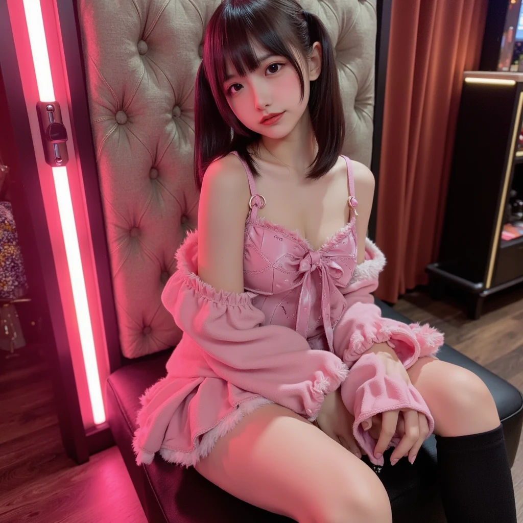 masterpiece, best quality, illustration, Super detailed, fine details, High resolution, 8K,wall paper, perfect dynamic composition, front view, full body, standing, 18 year old girl, Gravure Idol, cute type, small-faced, (Details High quality, realistic depiction of eyes:1.3), revealing clothes, wavy long hair, bangs, black hair color, Dark makeup, Big Natural Color Lip, Express the size of the breast, perfect body shape, plump figure, Black leather jacket, BREAK (baby-pink and black theme:1.4), (fusion of short puff sleeve baby-pink sundress and baby-pink A-line miniskirt with ruffles:1.4), ((U-neck, collarbone):1.3), (one-piece:1), (choker:1.3), (black bow tie on chest:1.3), (baby-pink pumps with heels:1.2), hotel room
