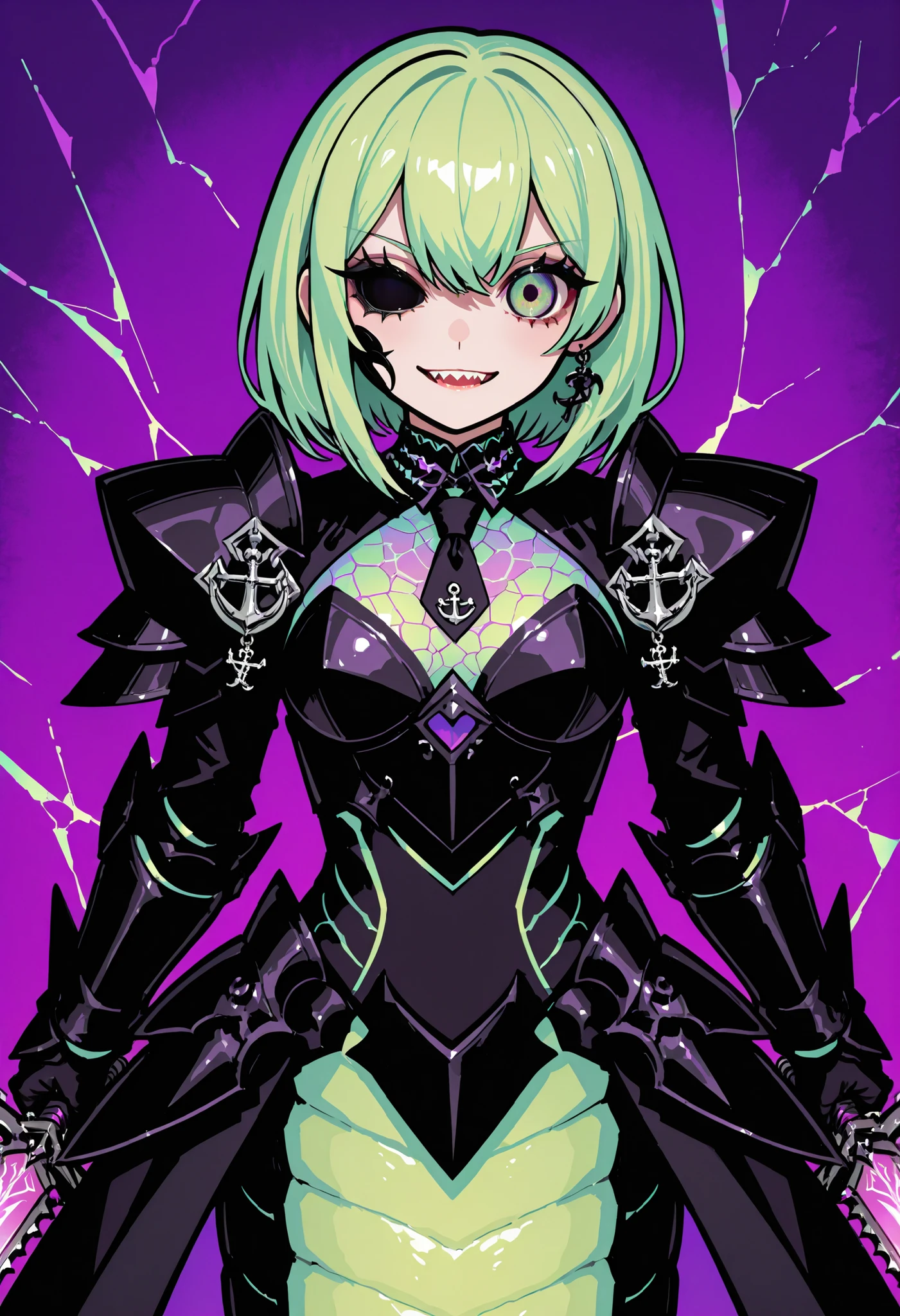 Lamia style girl. Centipede body. Black snake. Green scale pattern. Armor knight. Bright hair. Tie hair. Asymmetric eyes. Snake eyes. Snake skin face. Anchor charm on collar. Black armor. Purple decoration. Holographic crack costume. Sharp claws. Holding weapon. Chainsaw sword.