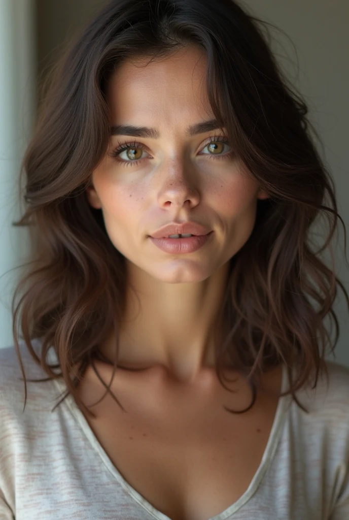 Femme d’origine latine avec un jolie visage et réaliste, brunette, visage parfait, de face, avec le regard droit devant