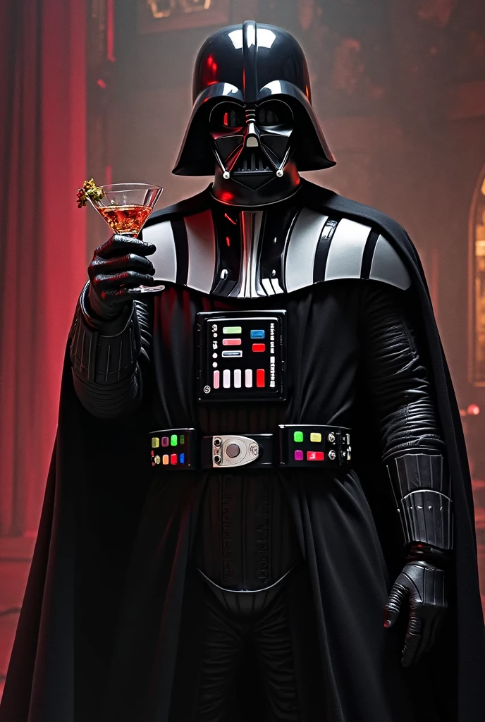 photo of (darth vader:1.3) with astronaut suit, in the bar, with a whisky in the hand, night shot, high detailed suit