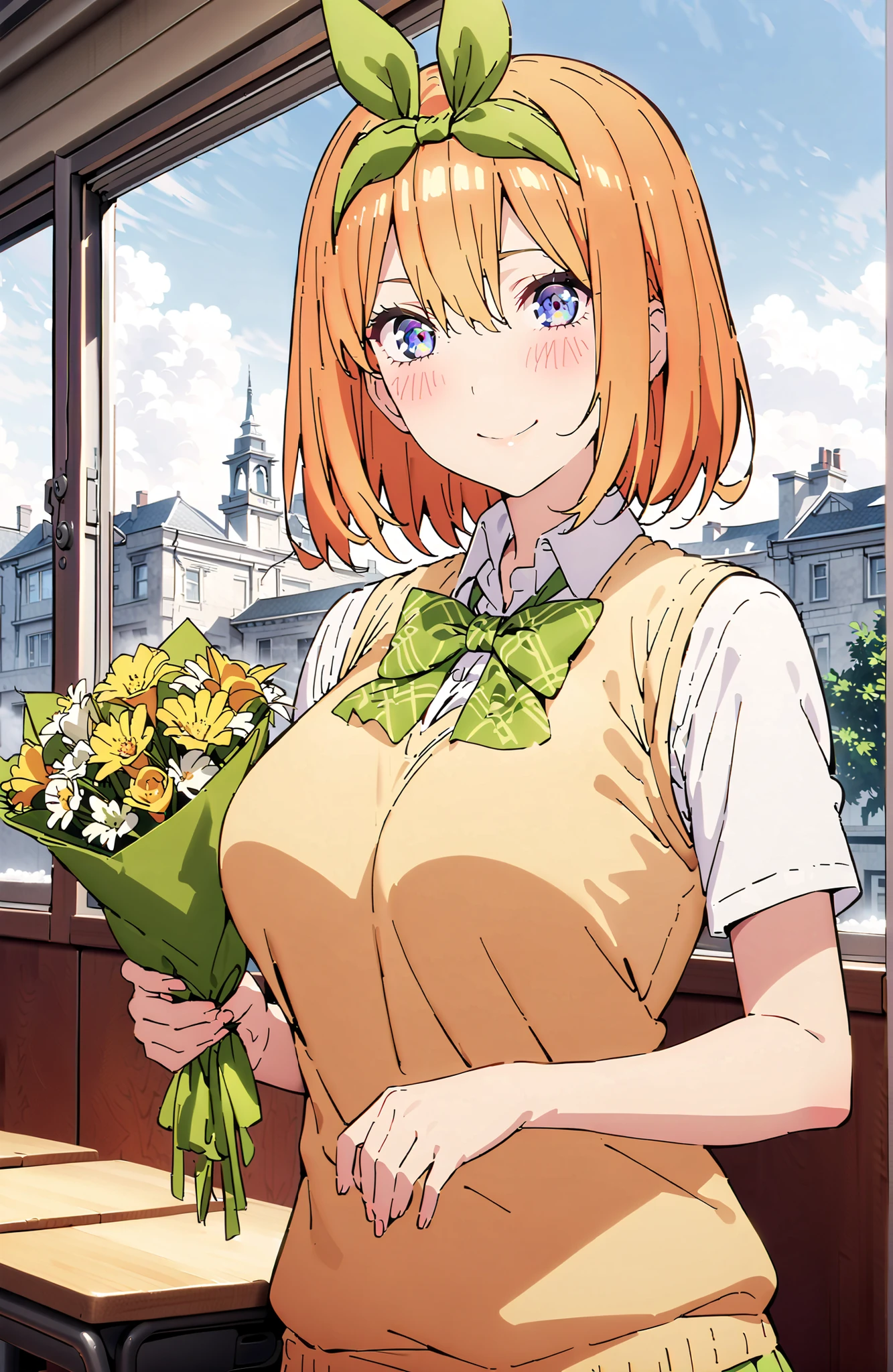 score_9, score_8_up, score_7_up, 中野四葉, solo,bungs, short hair, blue eyes, hair between eyes, hair ribbon, headband, orange hair, (green ribbon:1.5), smile,blush,grinning,Big Breasts,
in their 40s skirt, shirt, bow, ribbon, uniform, white shirt, short sleeve, green mini pleated skirt, collared shirt,bowtie, black socks, loafers, green bow, sweater vest, green ribbon, (yellow sweater vest:1.5),Holding a green bouquet with one hand,standing,curtains,window,machine,chairs, Flower blowing snow, Beautiful Streetscapes,
in their 40s indoors, Classroom,
in their 40s looking at viewer,full body,
in their 40s (masterpiece:1.2), Highest Quality, high resolution, Unity 8k Wallpaper, (Illustrations:0.8), (beautifully detailed eyes:1.6), very detailed face, perfect lighting, Highly Detailed CG, (perfect hand in h, perfect anatomy),