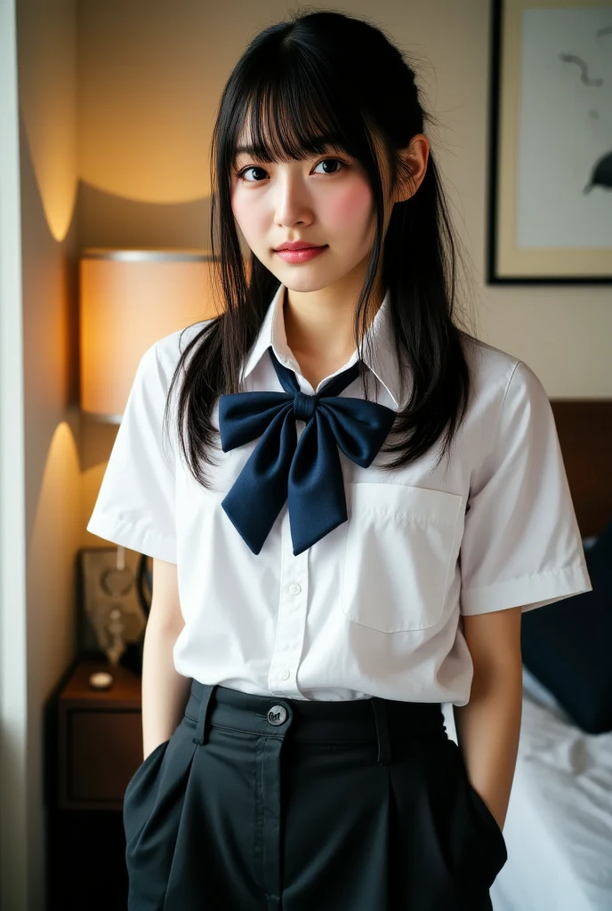(masterpiece:1.2), Japanese, (15 years old), (a girl), (Collared shirt), (skirt), (bow tie), on a bed, (((Furuichi down))),