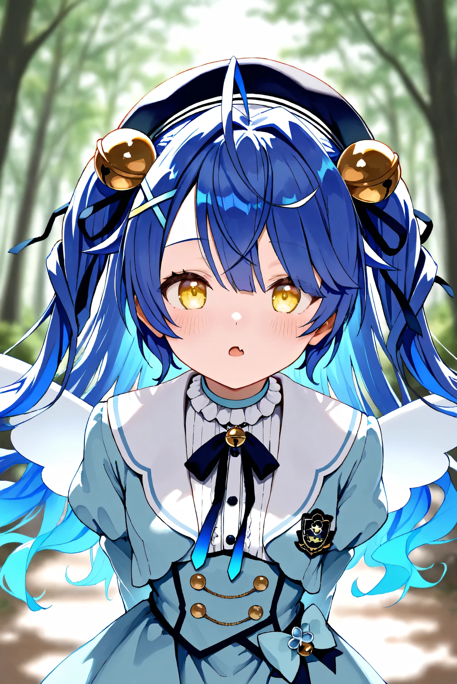 (Masterpiece), (Highest quality), (Very detailed),
(The best shape), (Best Shadow), (Absurd),
(Detailed background), (So beautiful), Shiny ,
Extraordinary, Countershading, 8k, 32K, High resolution, Beautiful eyes in every detail,
Very Detailed CG, UHD,
Score_9, Score_8_up, Score_7_up, Source_anime,
(Pastel painting:1.2), (Watercolor painting:1.2),
(Masterpiece, Detailed:1.2), (Foreshortening:1.2),
Cinematic, Dramatic, (Depth of field:1.4),
(Blurry background:1.4), (Realistic background:1.4),
(Foreshortening:1.3),Dynamic angle, 1 girl,
Outdoor, Nature, Wind, forest,
Amamiya Kokoro,
nijisanji, virtual youtuber,
akokoro, ribbon, hair bell, x hair ornament, two side up, skin fang,
beret, dress, blue dress, long sleeves, jingle bell, wings,
portrait, Focus on face, (close up shot:1.2),
(Blush:1.3), parted lips,
arms behind back,
Realistic skin, Shiny skin,