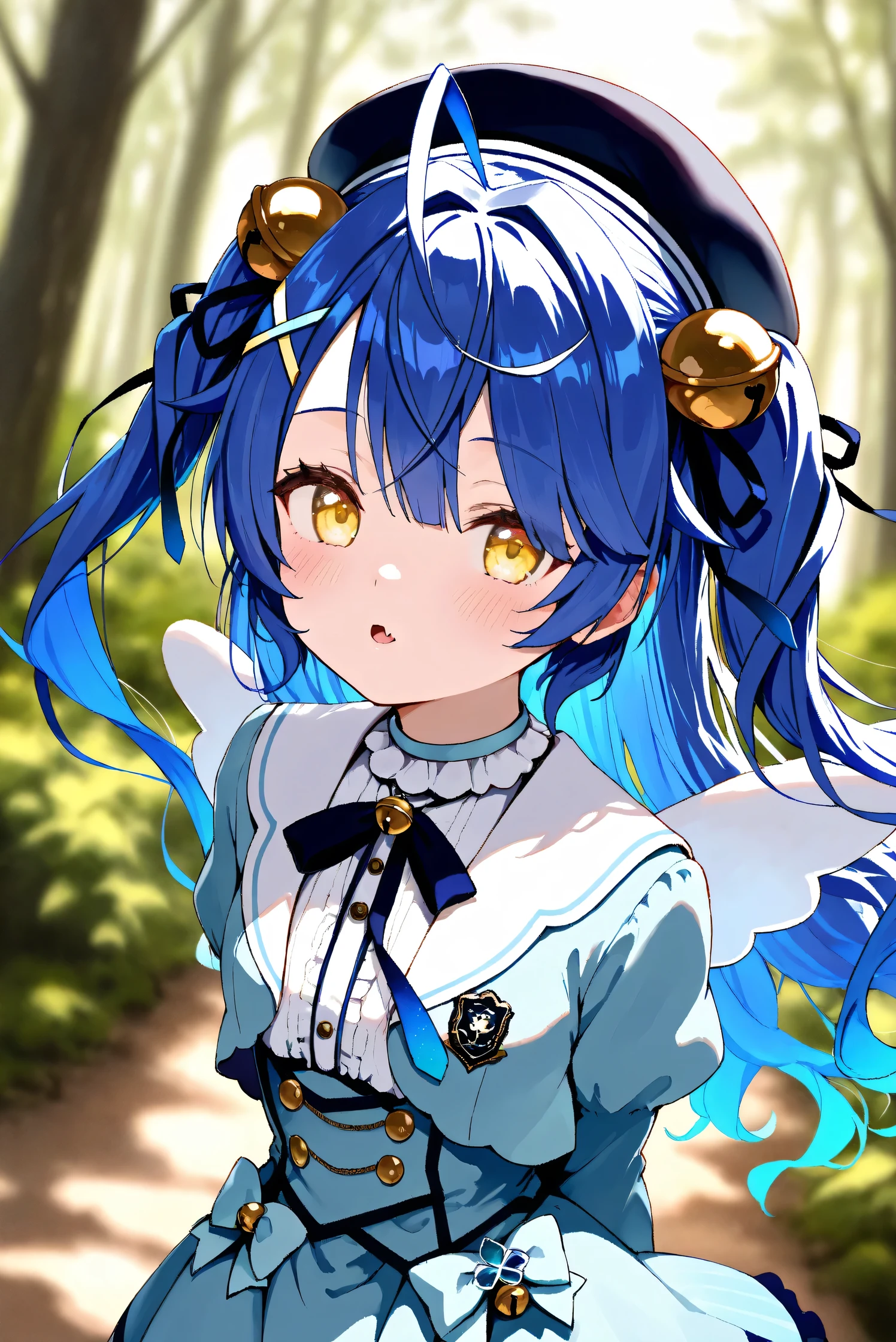 (Masterpiece), (Highest quality), (Very detailed),
(The best shape), (Best Shadow), (Absurd),
(Detailed background), (So beautiful), Shiny ,
Extraordinary, Countershading, 8k, 32K, High resolution, Beautiful eyes in every detail,
Very Detailed CG, UHD,
Score_9, Score_8_up, Score_7_up, Source_anime,
(Pastel painting:1.2), (Watercolor painting:1.2),
(Masterpiece, Detailed:1.2), (Foreshortening:1.2),
Cinematic, Dramatic, (Depth of field:1.4),
(Blurry background:1.4), (Realistic background:1.4),
(Foreshortening:1.3),Dynamic angle, 1 girl,
Outdoor, Nature, Wind, forest,
Amamiya Kokoro,
nijisanji, virtual youtuber,
akokoro, ribbon, hair bell, x hair ornament, two side up, skin fang,
beret, dress, blue dress, long sleeves, jingle bell, wings,
portrait, Focus on face, (close up shot:1.2),
(Blush:1.3), parted lips,
arms behind back,
Realistic skin, Shiny skin,