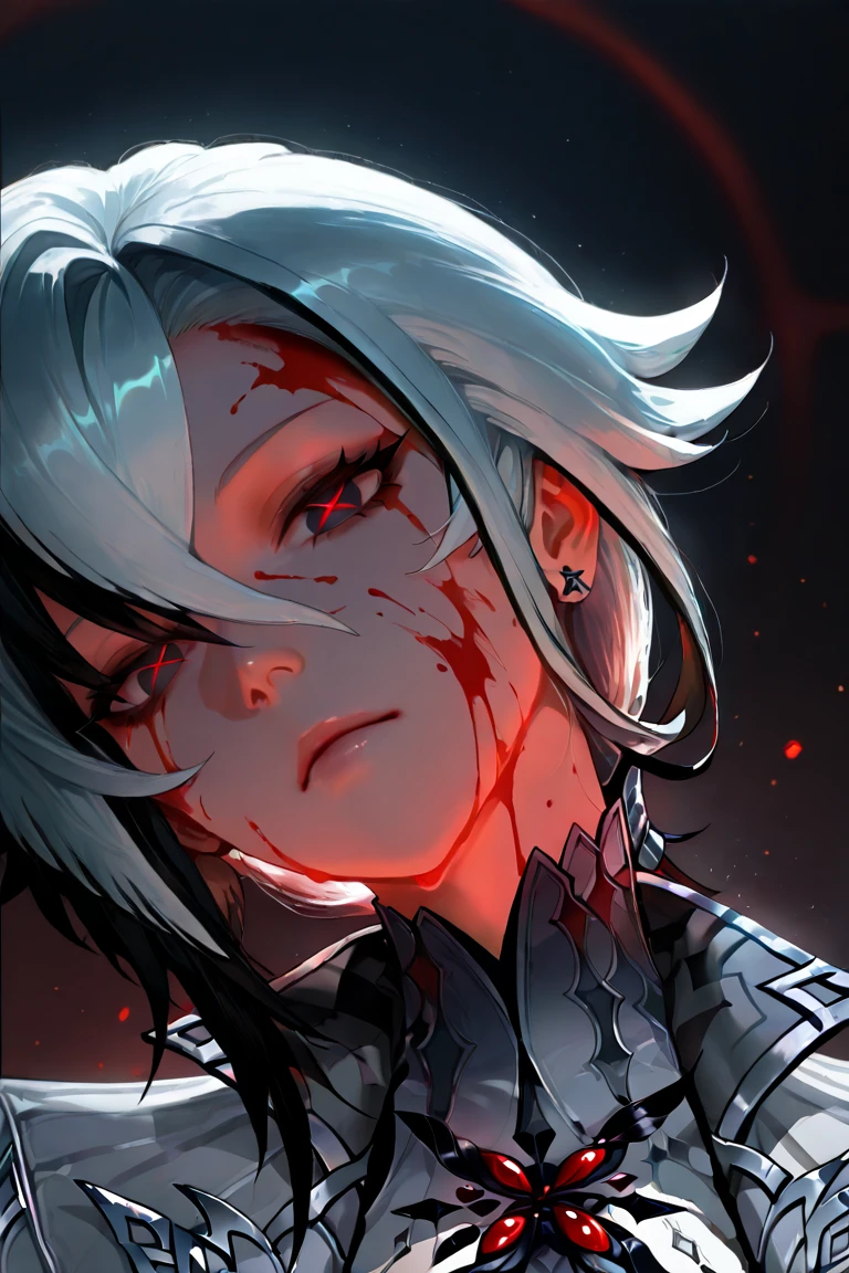 kk, best quality, more details, mastery, portrait, 1boy, male focus, (evil:1.2),(from below:1), male focus, solo, smile, kaneki ken, Heterochromia, Black sclera, colored sclera, White hair，red eyes，looking at viewert，to grin，sportrait，By bangs，short detailed hair，dark energy，Colorful，vivd colour，portal to another world，the sideview，face_focus，zoomed_face，zoomed_in，bokeh，blood vess，，darkly，moodiness，Spooky background，villian，Colorful，big breasts beautiful，hyper realisitc，intricately details，ellegance，hyper realisitc，Tone-mapping，hyperfocus，Clear focus，[Volumetriclighting]，Realistic and realistic，posh，8k，A detailed，Ray traching，depth of fields，cinmatic lighting，Small gold grains，
