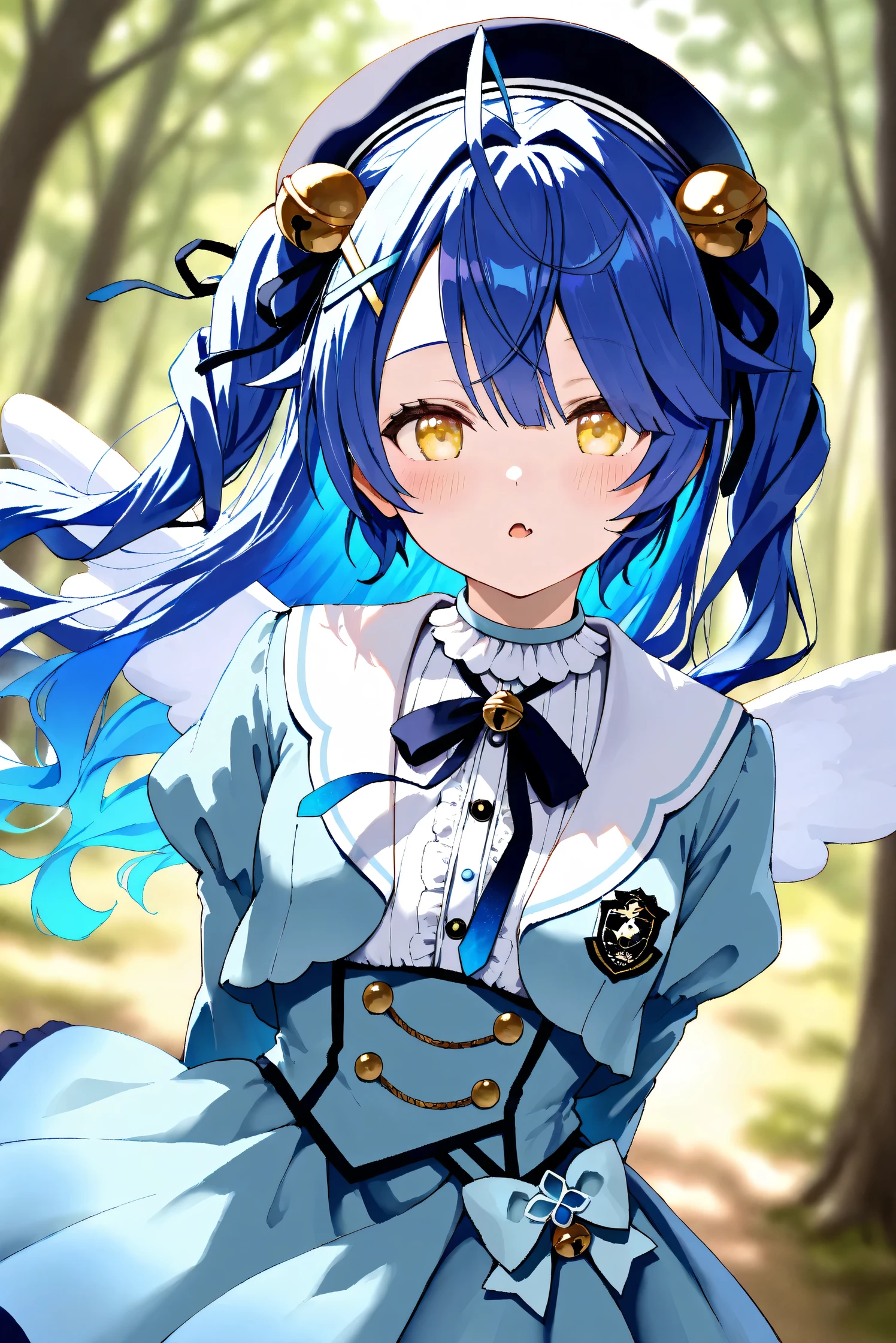 (Masterpiece), (Highest quality), (Very detailed),
(The best shape), (Best Shadow), (Absurd),
(Detailed background), (So beautiful), Shiny ,
Extraordinary, Countershading, 8k, 32K, High resolution, Beautiful eyes in every detail,
Very Detailed CG, UHD,
Score_9, Score_8_up, Score_7_up, Source_anime,
(Pastel painting:1.2), (Watercolor painting:1.2),
(Masterpiece, Detailed:1.2), (Foreshortening:1.2),
Cinematic, Dramatic, (Depth of field:1.4),
(Blurry background:1.4), (Realistic background:1.4),
(Foreshortening:1.3),Dynamic angle, 1 girl,
Outdoor, Nature, Wind, forest,
Amamiya Kokoro,
nijisanji, virtual youtuber,
akokoro, ribbon, hair bell, x hair ornament, two side up, skin fang,
beret, dress, blue dress, long sleeves, jingle bell, wings,
portrait, Focus on face, (close up shot:1.2),
(Blush:1.3), parted lips,
arms behind back,
Realistic skin, Shiny skin,